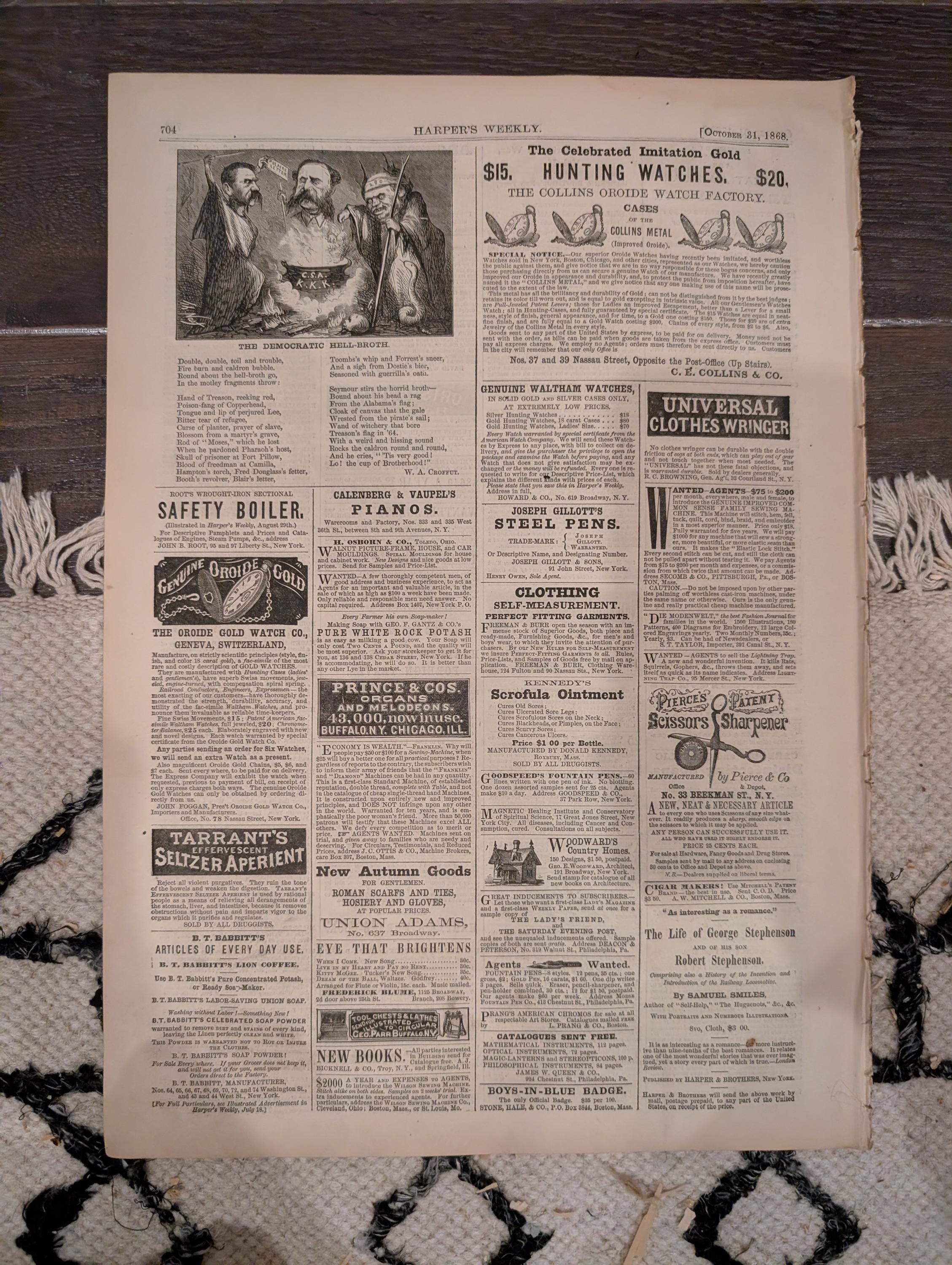 Harper’s Weekly – October 31, 1868 – Winslow Homer “Our Next President” • Chicago Cattle Market • Cadiz & Haiti Naval Scenes • Peru Earthqua