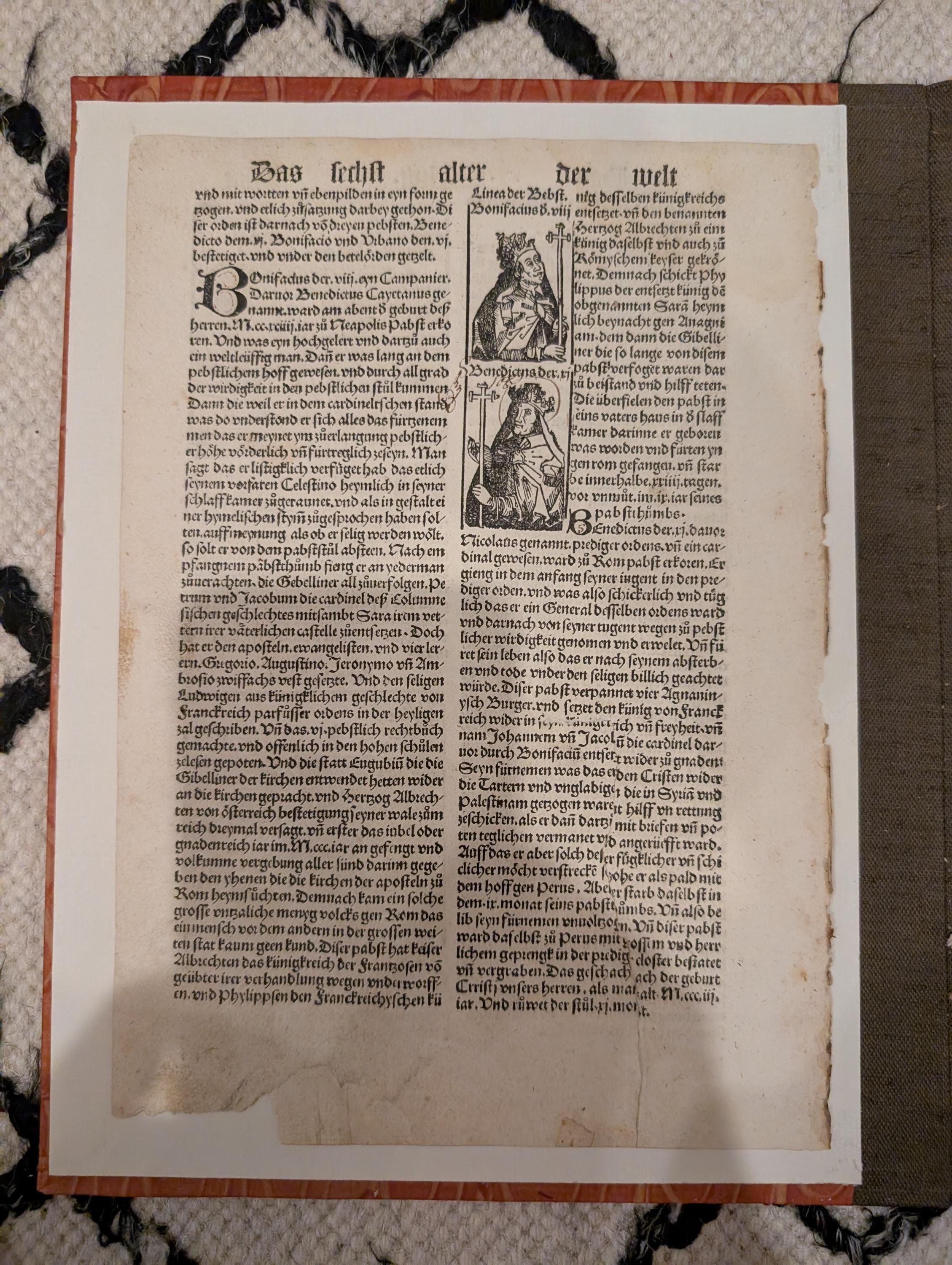 1496 Nuremberg Chronicle Leaf – Monastic Orders & Papal Portraits – Rare Augsburg “Pirated” Edition by Johann Schönsperger