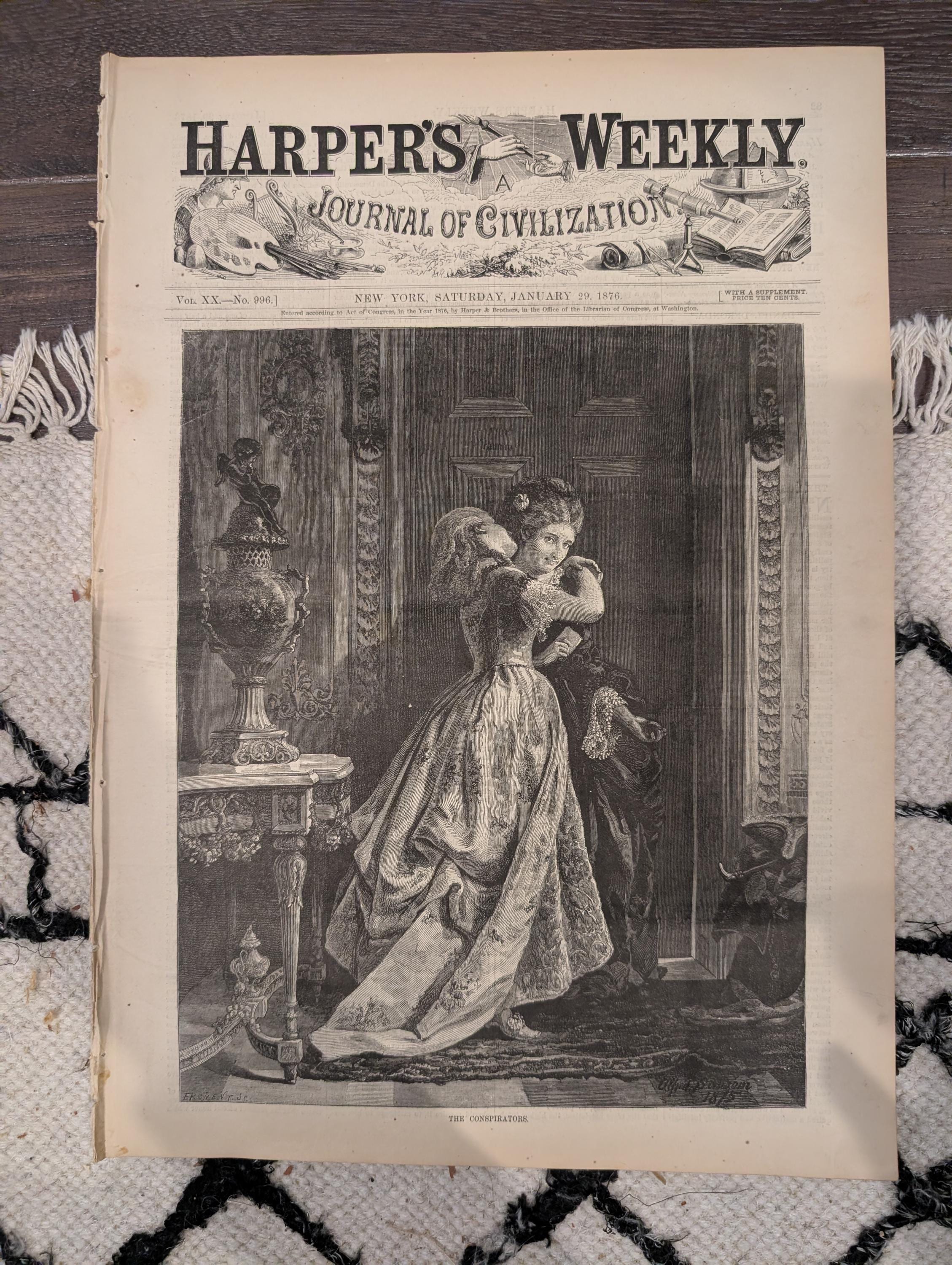 Harper’s Weekly January 29, 1876 – Victorian Engravings, Deer Stalking, Iceland Scenes, Elephant Fight, Smugglers Chase