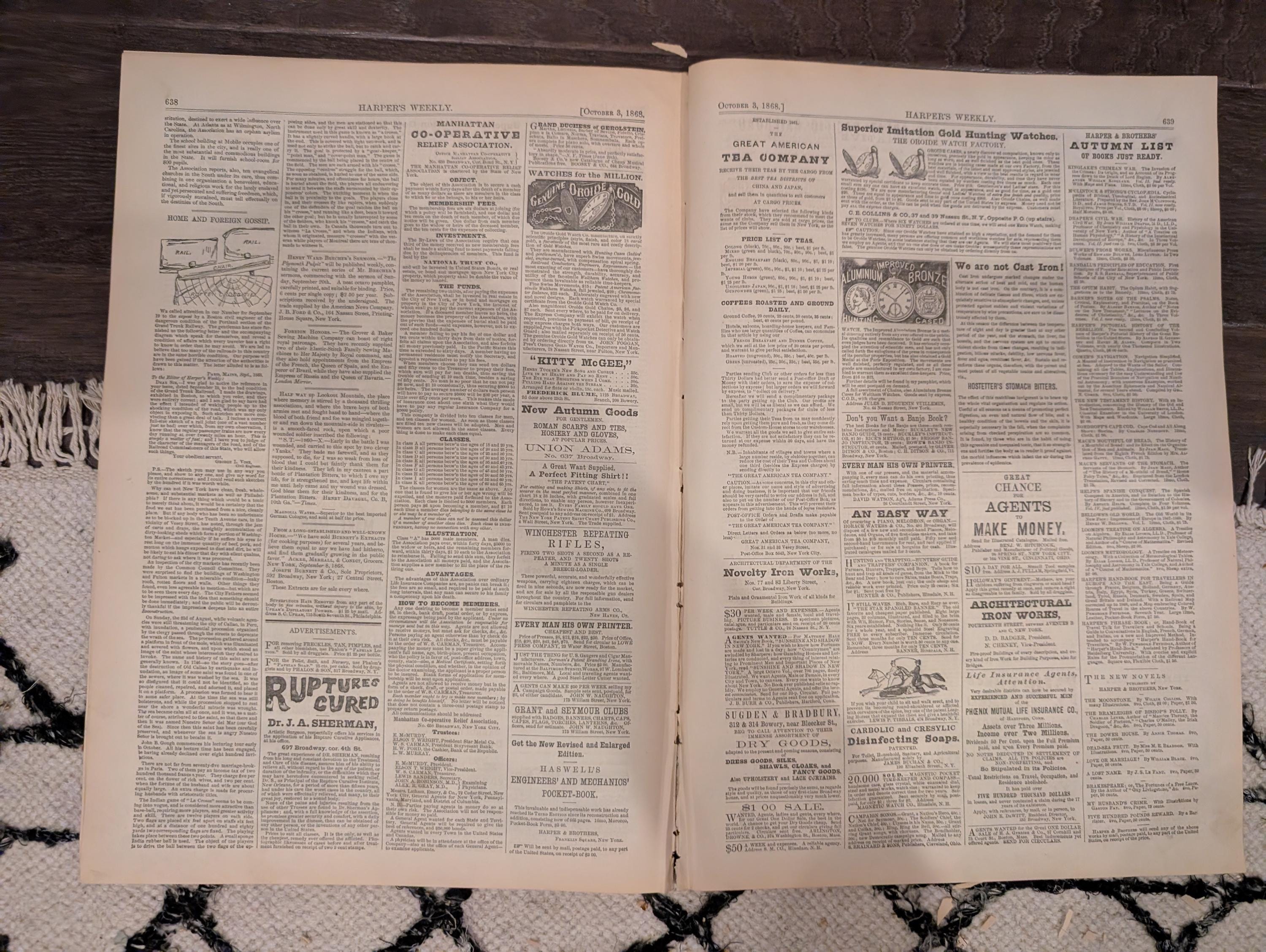 Harper’s Weekly – October 3, 1868 – International Cricket Match • Prize Animals • Nast’s “Modern Samson” • South American Earthquake • Freed