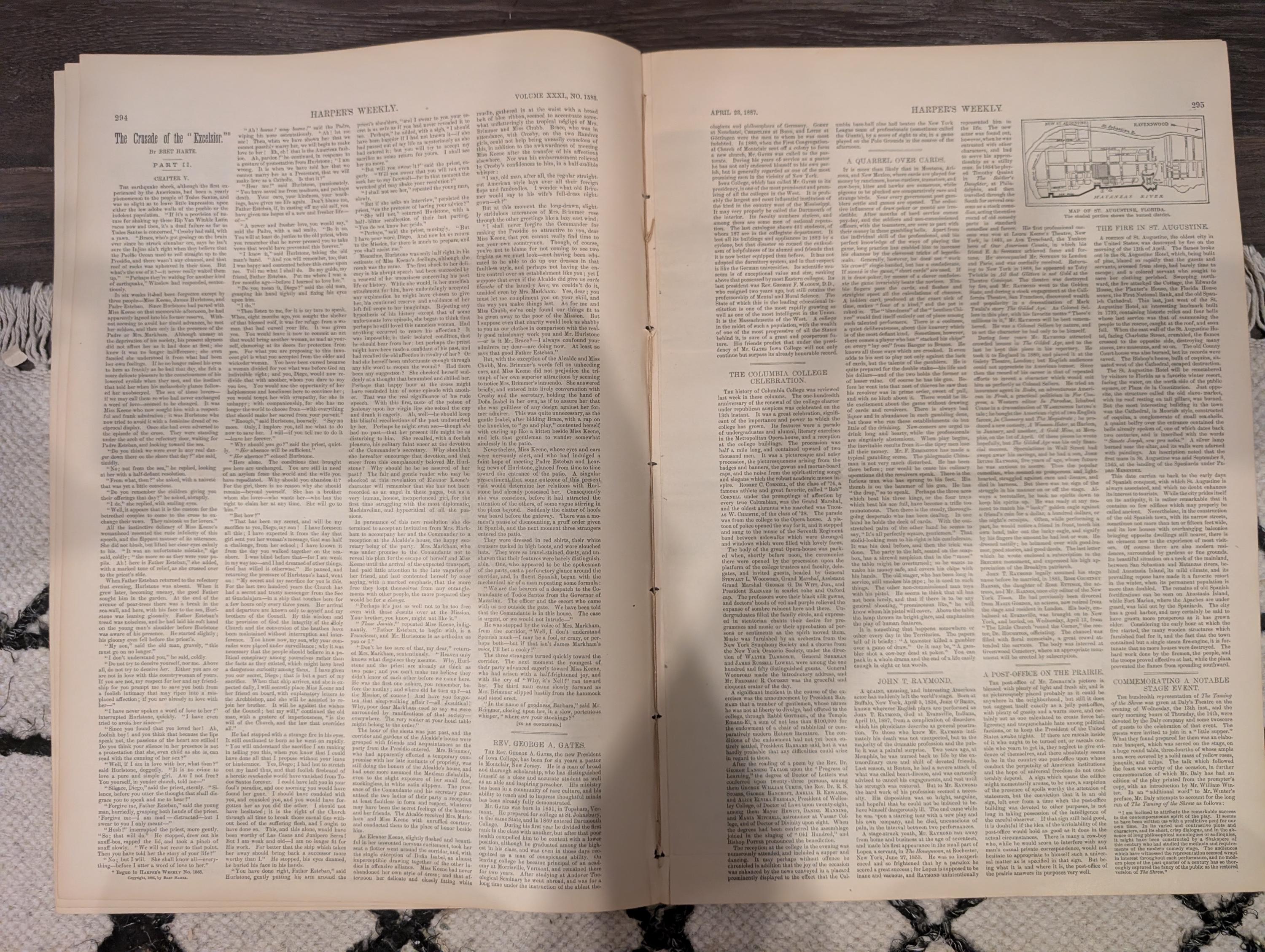 Harper’s Weekly April 23 1887 – Prairie Letter-Box, Denver Centerfold, Remington, Whitman, St. Augustine Fire