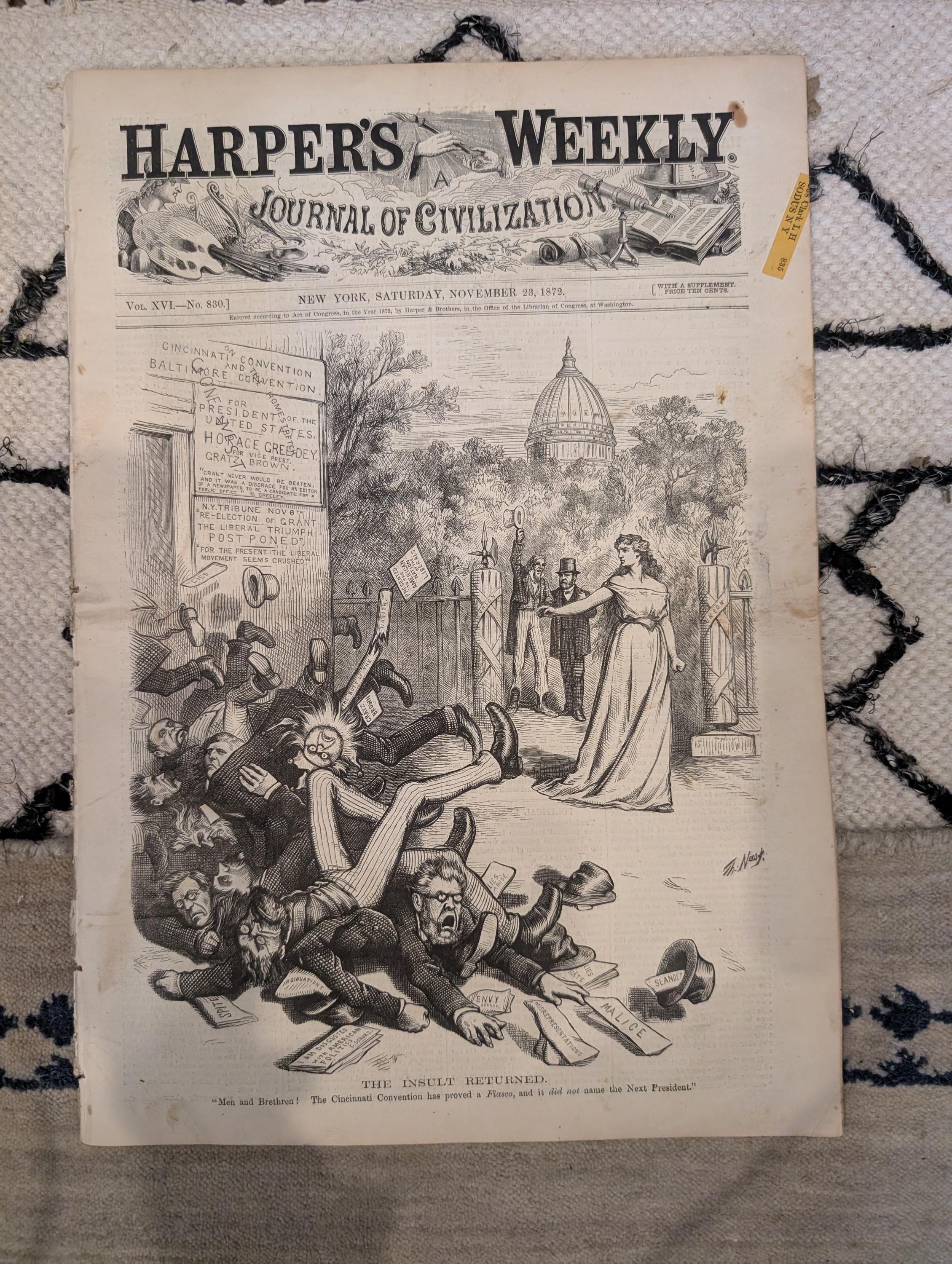 1872 Nast Clasping Hands Harper's Weekly Nov 23 Horse Plague Darjeeling