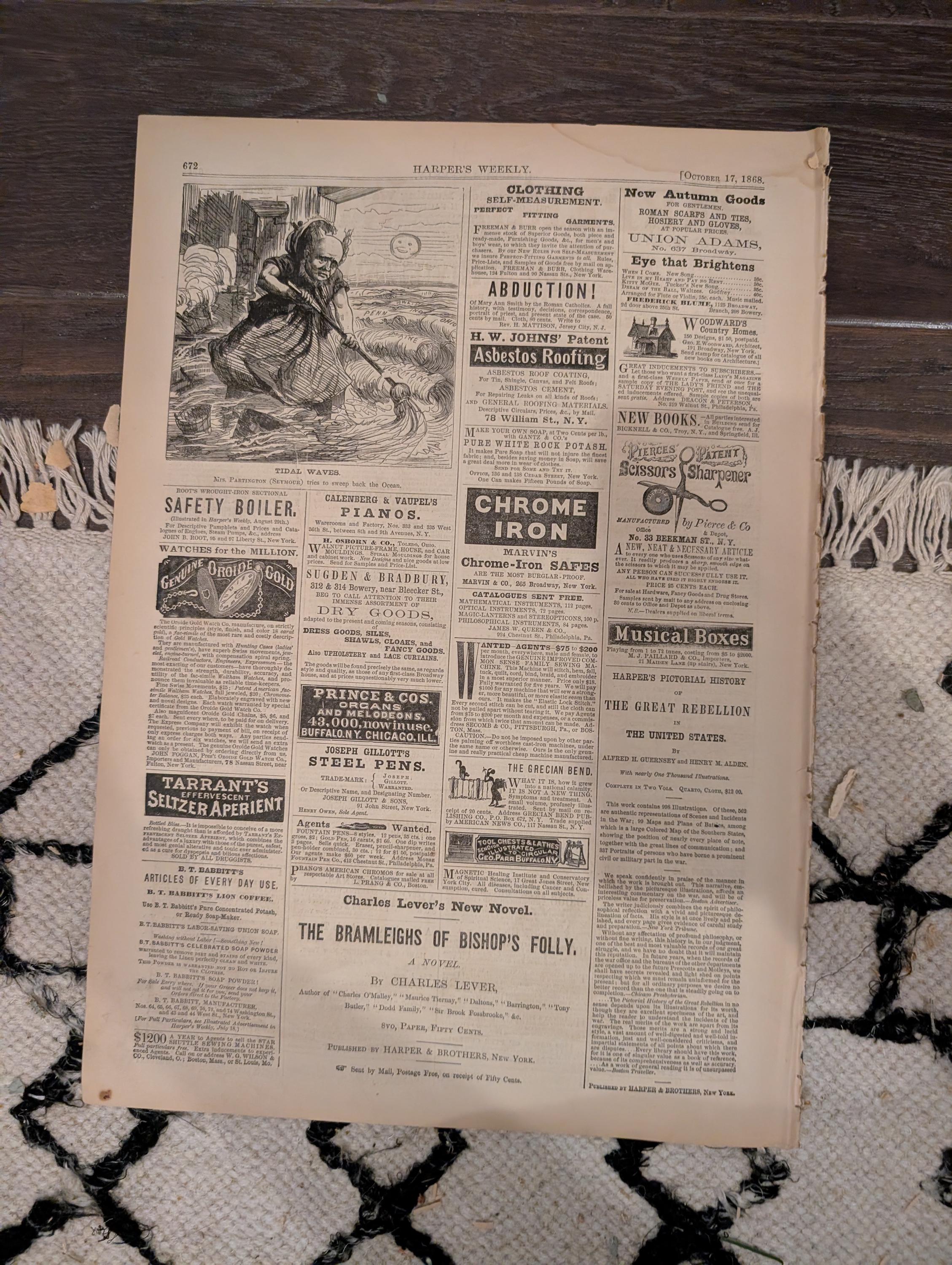 Harper’s Weekly – October 17, 1868 – Boys in Blue Parade • Life-Preserving Apparatus • Scenes in the Life of a Trapper • Indian Engagement
