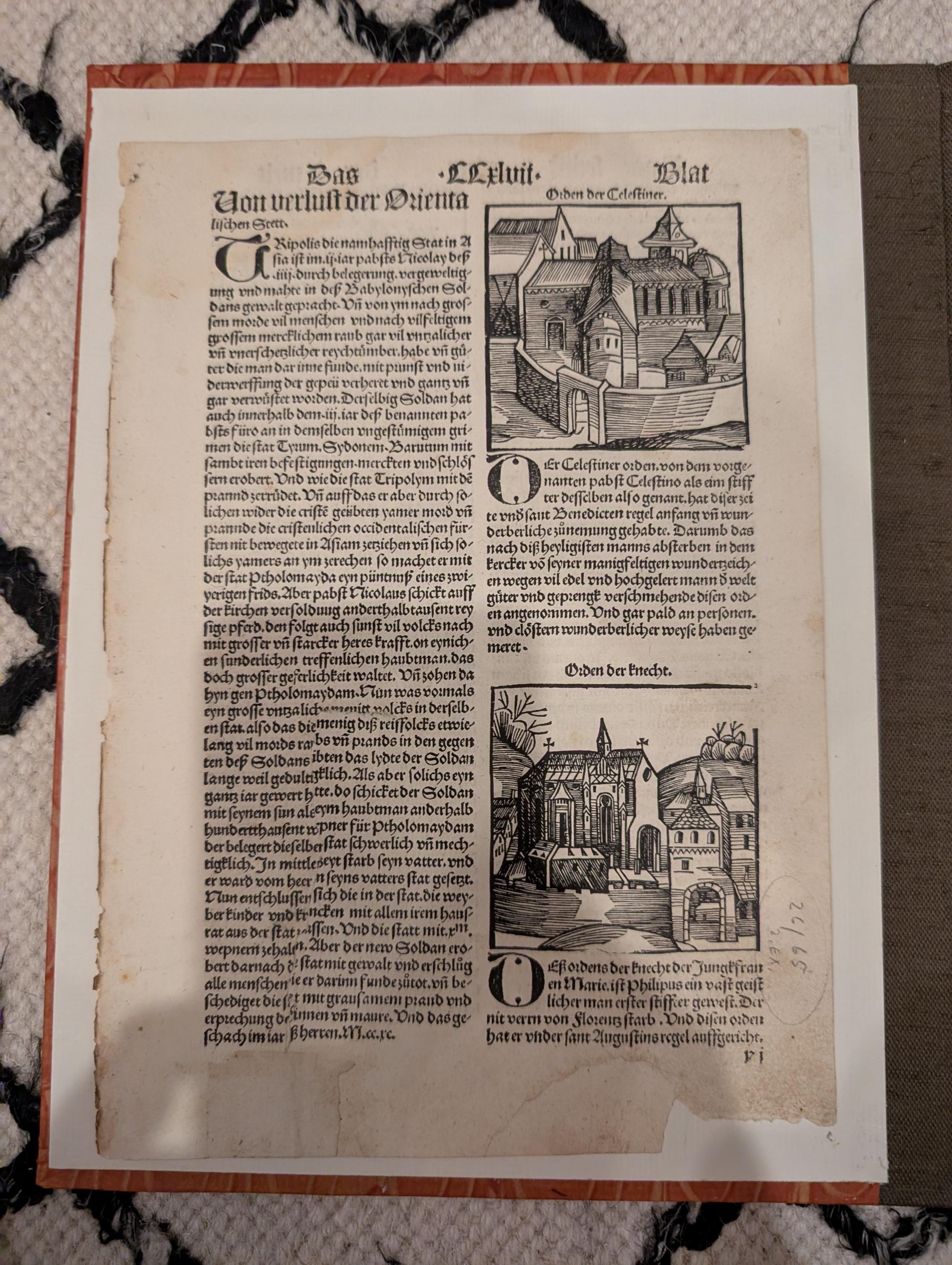 1496 Nuremberg Chronicle Leaf – Monastic Orders & Papal Portraits – Rare Augsburg “Pirated” Edition by Johann Schönsperger