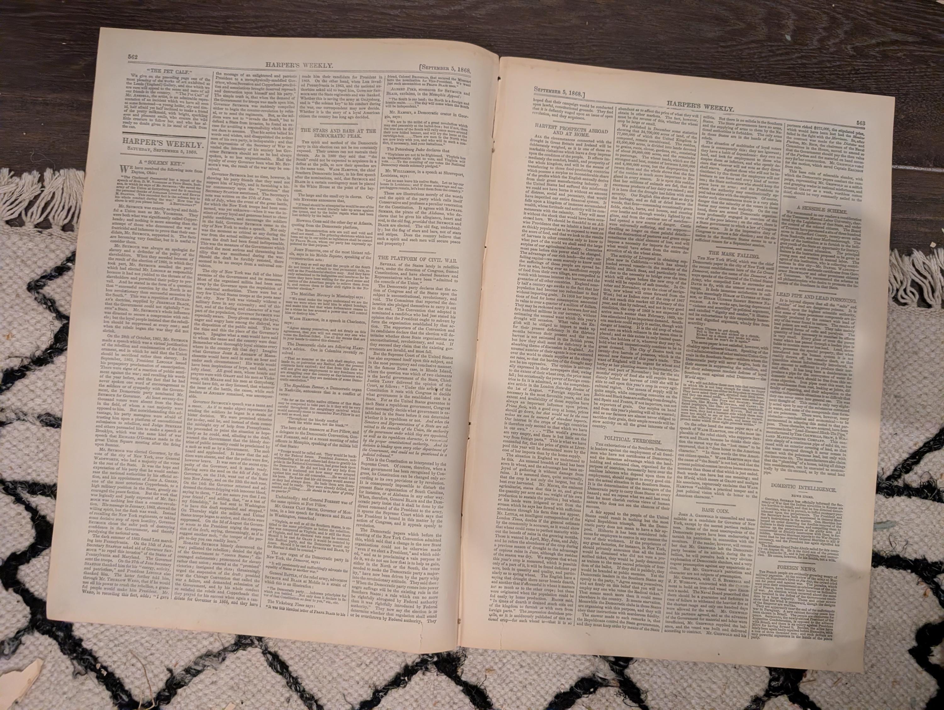 Harper’s Weekly – September 5, 1868 – Nast Cartoon • Customs House Scenes • “The Pet Calf” • Velocipedes • Alaska Sketches