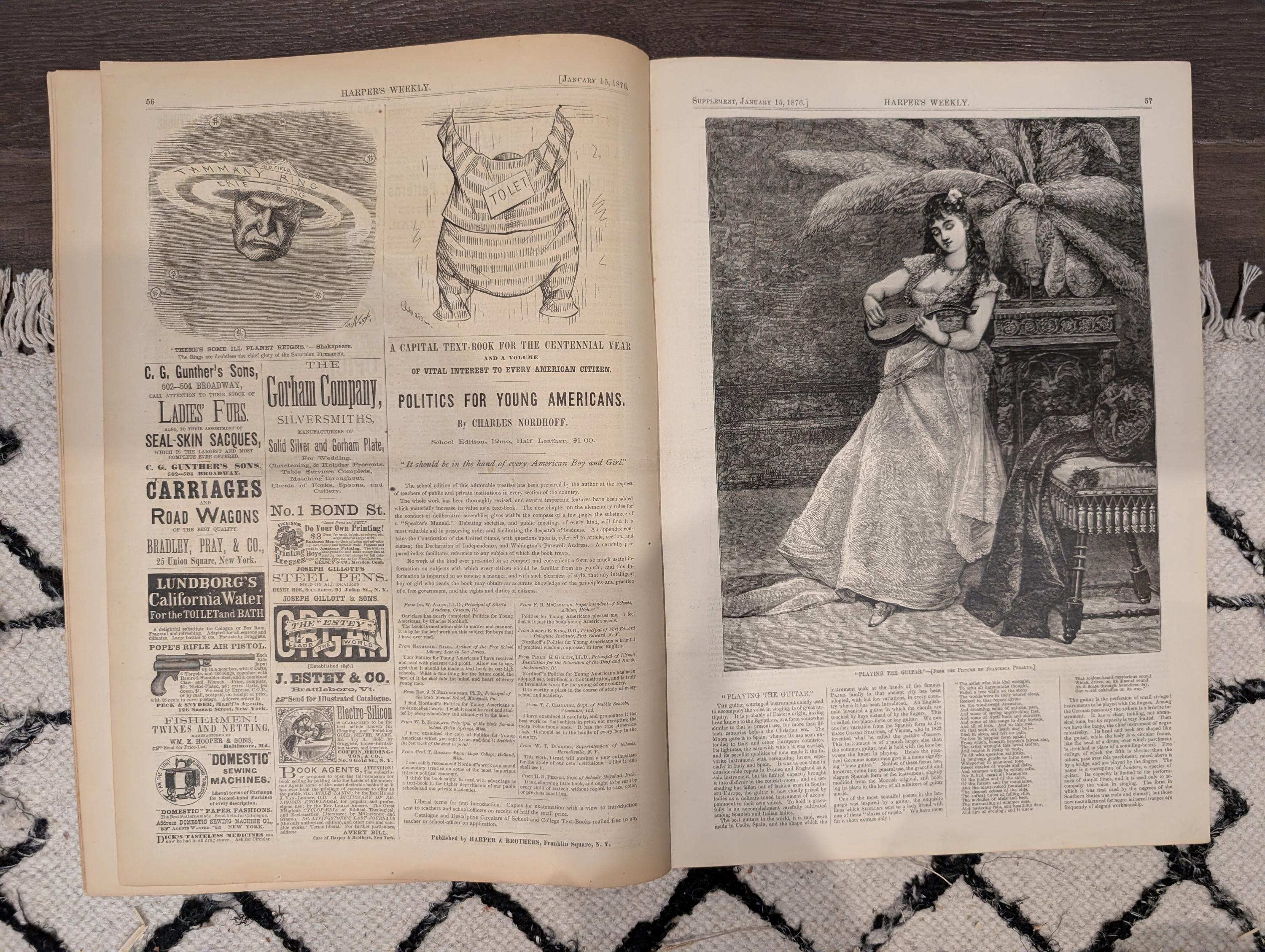 Harper’s Weekly January 15 1876 Thomas Nast Cartoons Lighthouse Visit Inventions Tammany Politics Victorian Newspaper