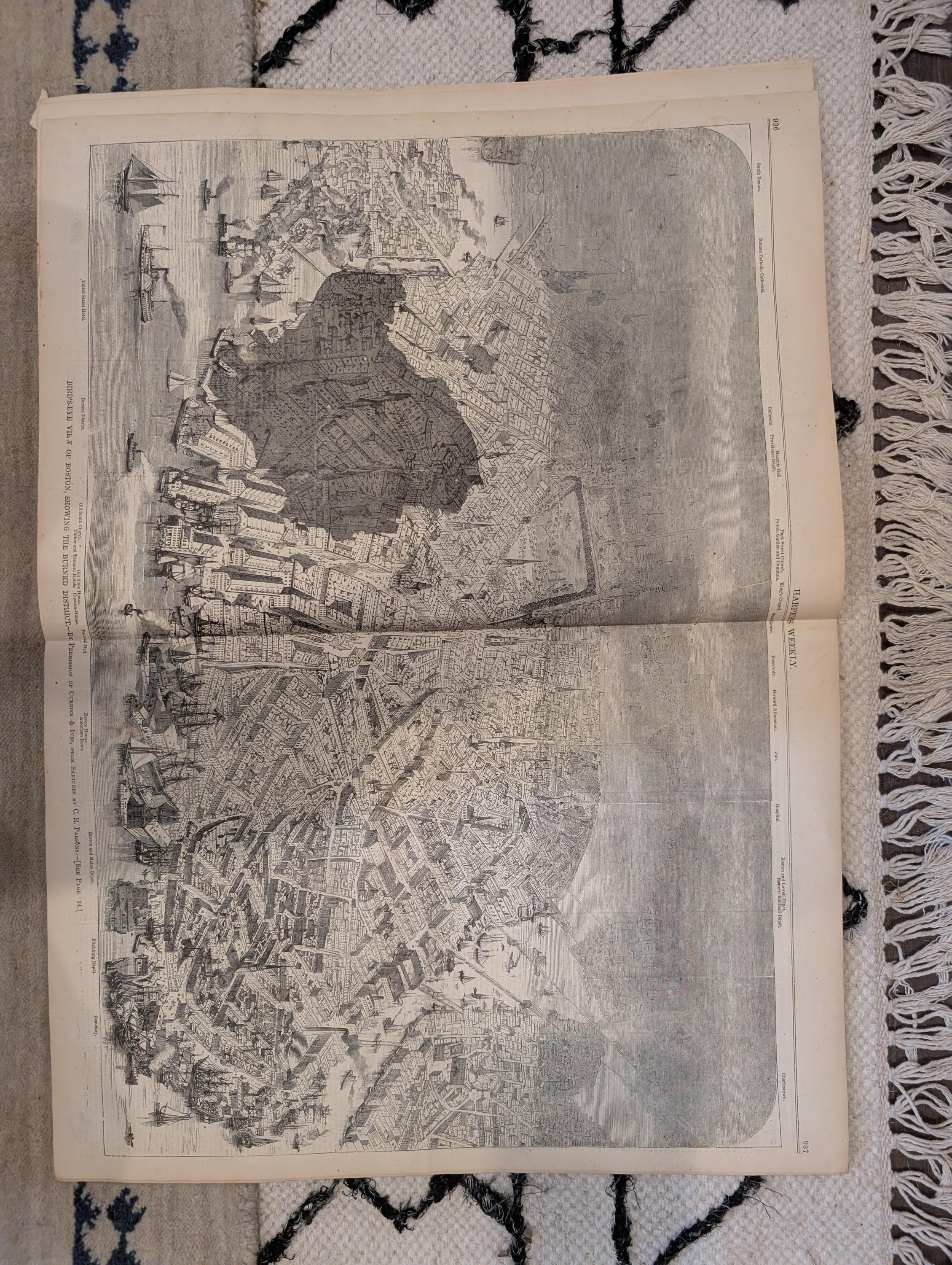 1872 Boston Fire Department Bird's Eye Harper's Weekly Nov 30 Church