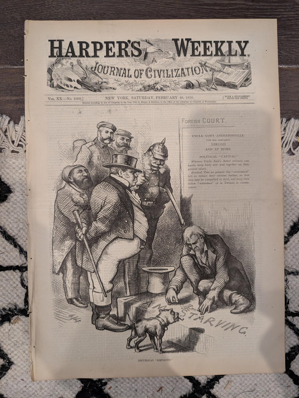 Harper’s Weekly Feb 26 1876 – Early American Football, Thomas Nast Cartoons, Frere Art, Complete Issue VG