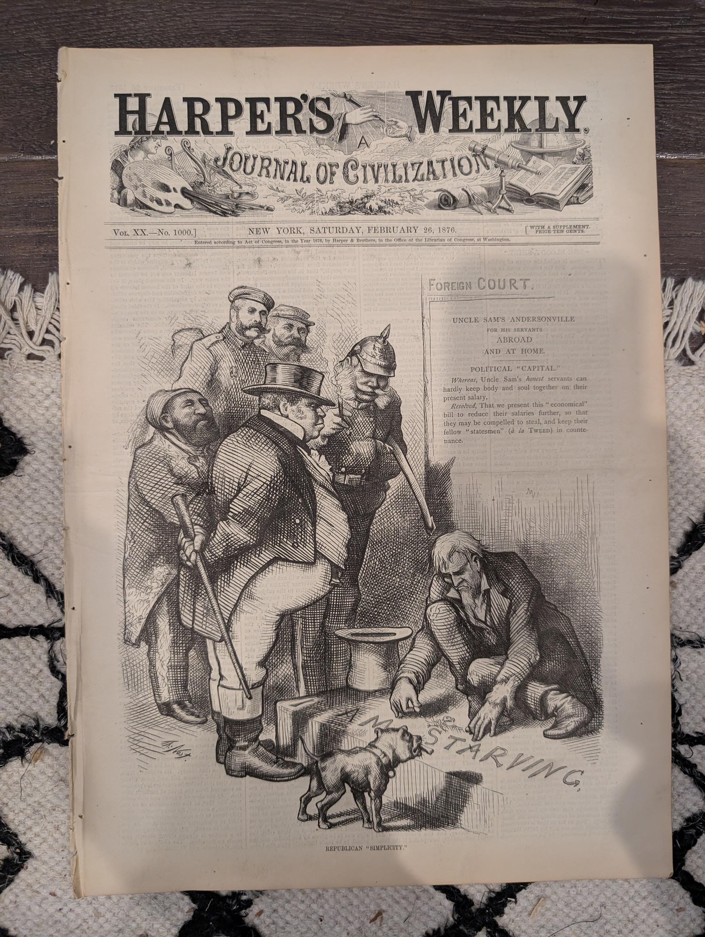 Harper’s Weekly Feb 26 1876 – Early American Football, Thomas Nast Cartoons, Frere Art, Complete Issue VG