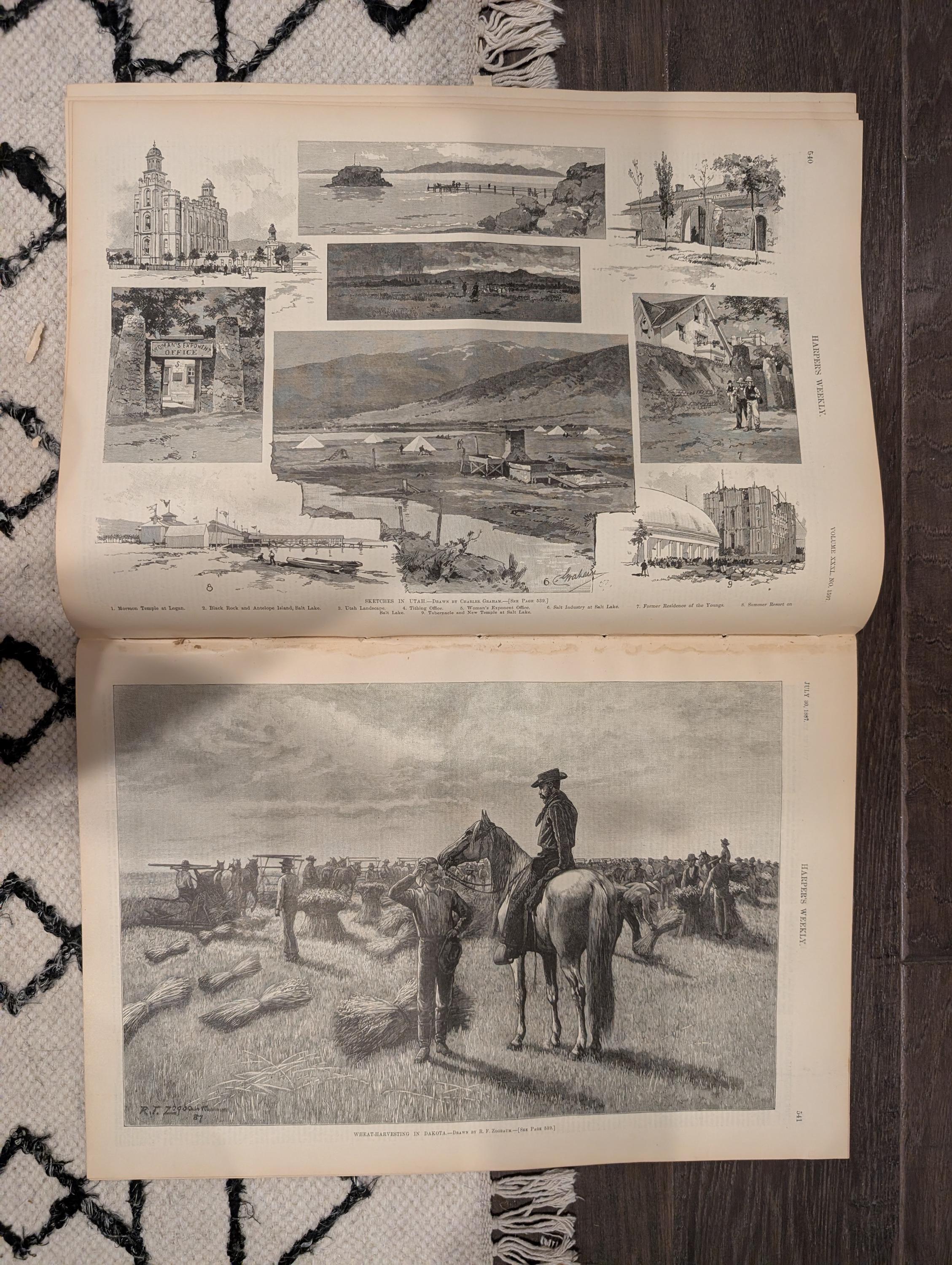 Harper’s Weekly July 30, 1887 – Mormon Temples in Utah, Marblehead Views, Dakota Harvest + South Pittsburg Supplement – Complete Issue