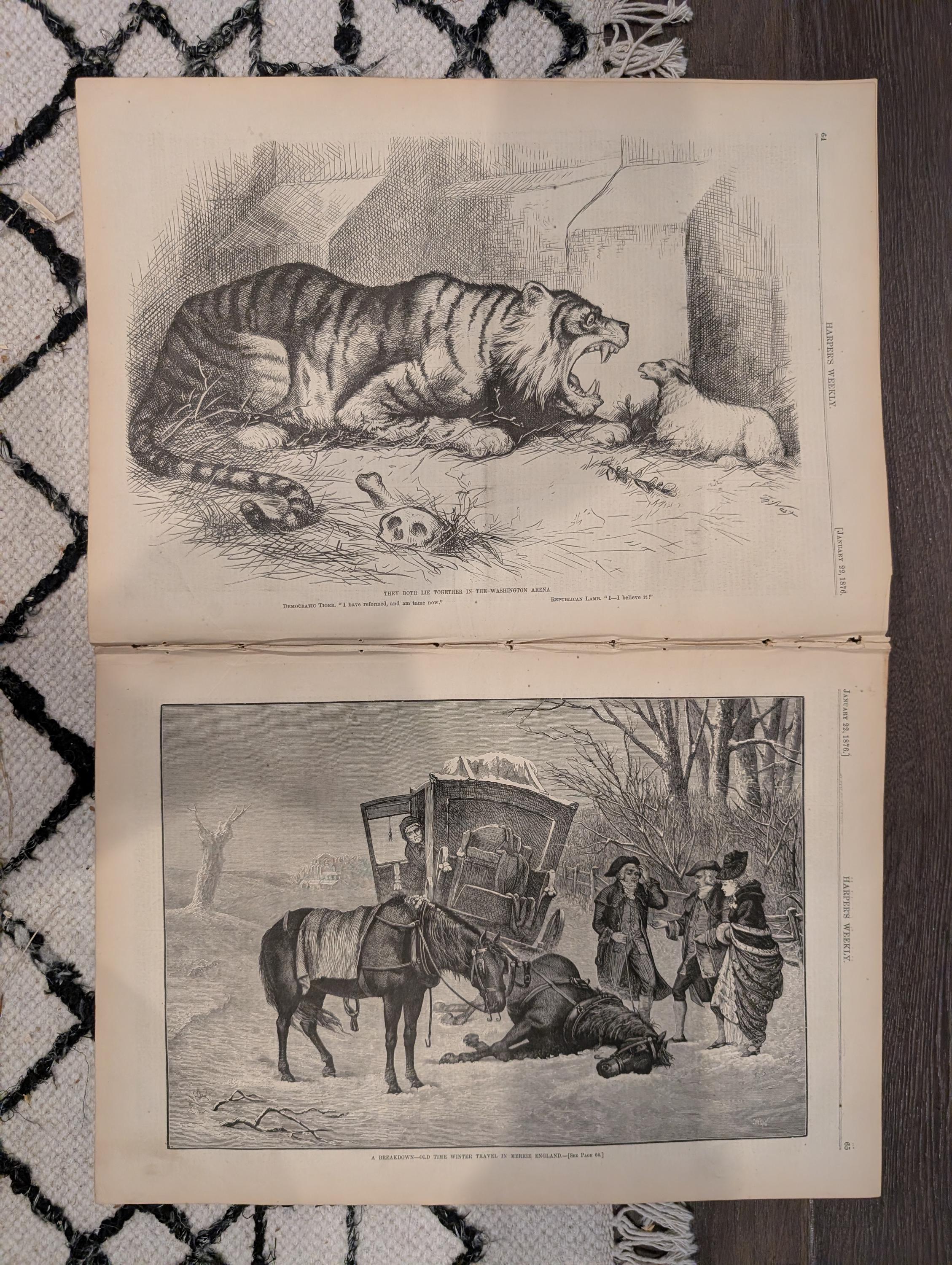 Harper’s Weekly January 22, 1876 – Victorian Engravings, Social History, Tiger Cartoon, Winter Sleigh Scene
