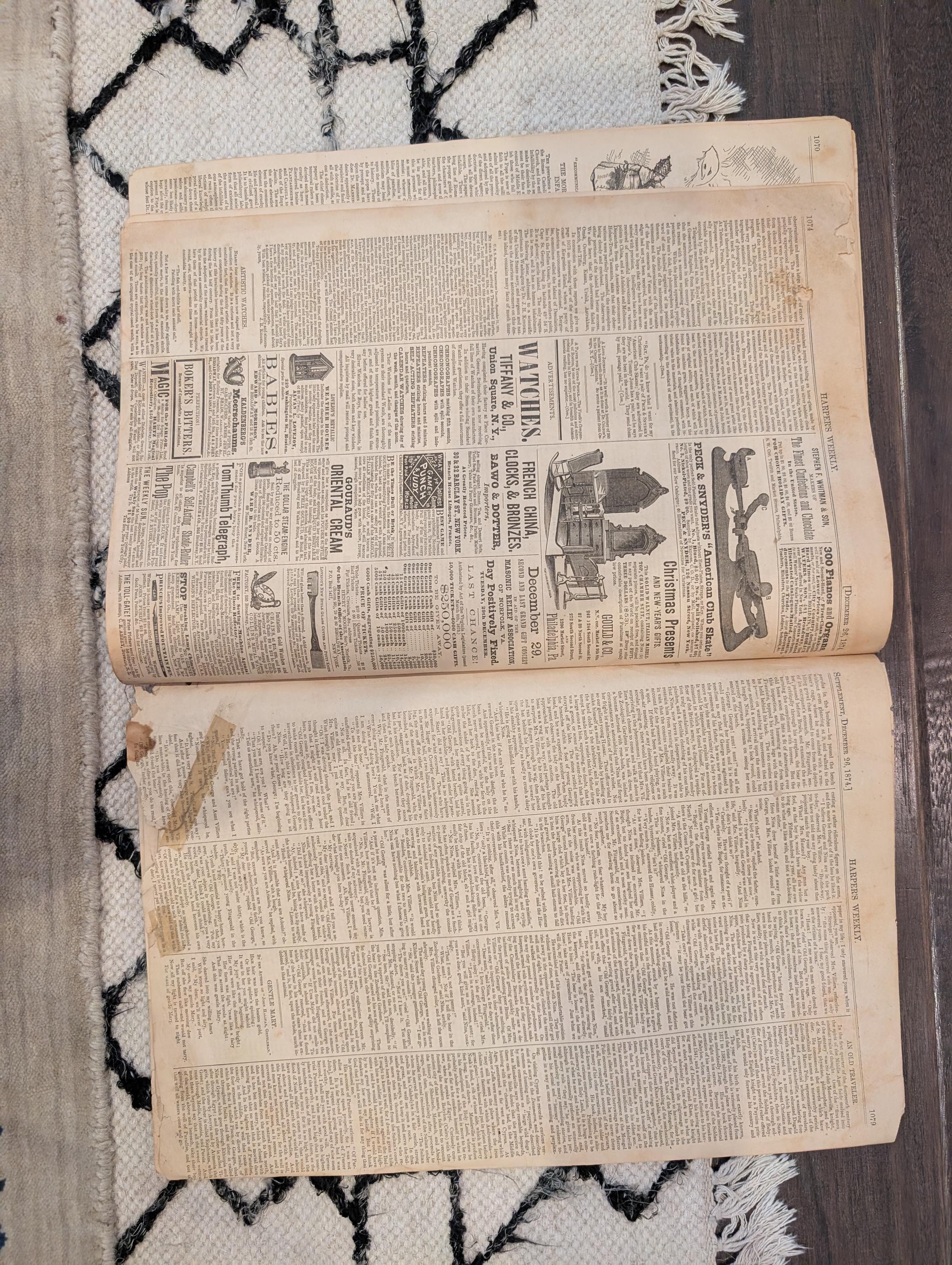 1874 Santa Claus Sleigh & Reindeer, Girl at Toy Store, Christmas Centerfold — Dec 26
