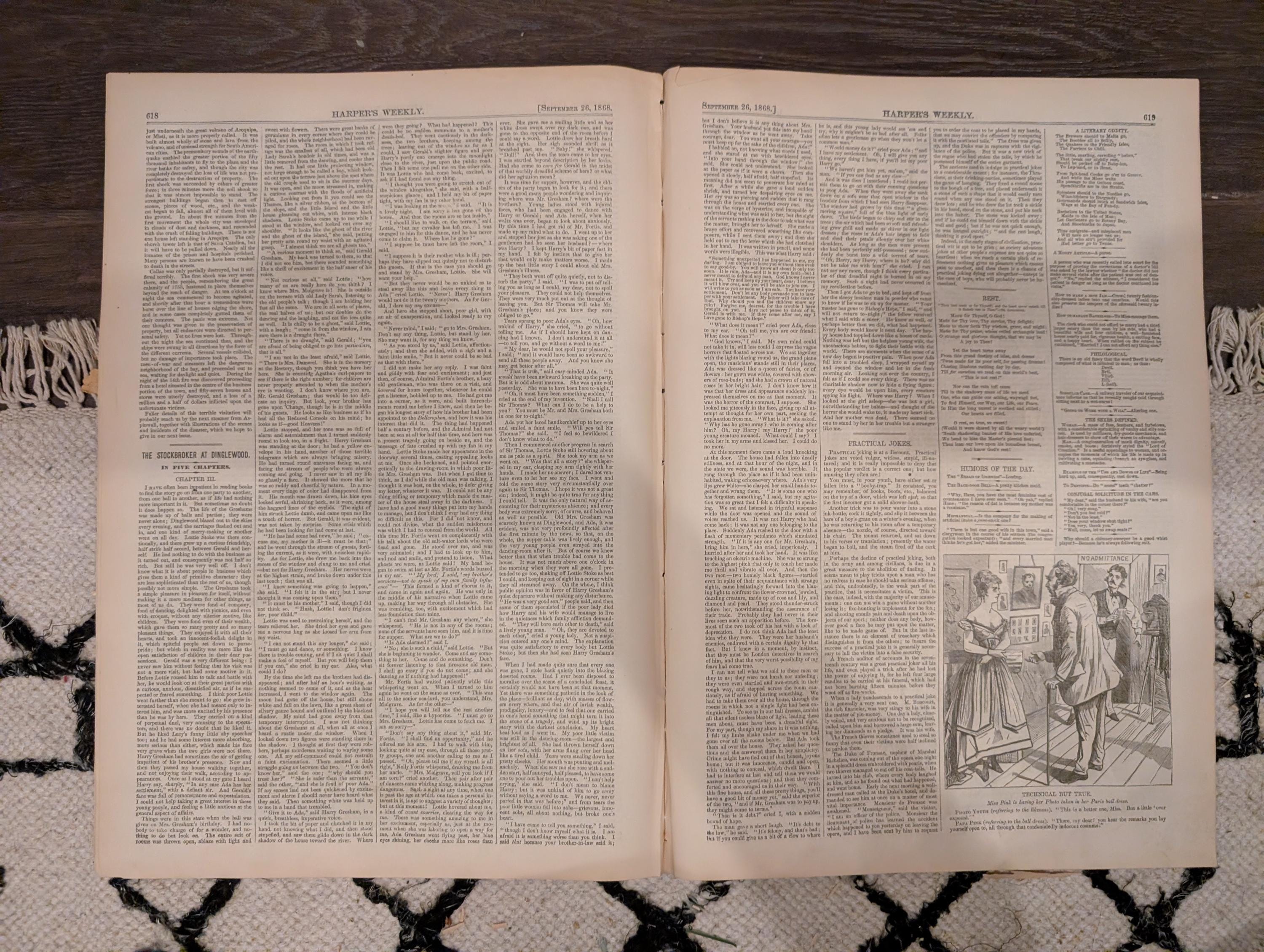 Harper’s Weekly – September 26, 1868 – Bee Hunting in the Adirondacks • Nast Cartoon • South American Earthquakes • Shipwrecks • Reconstruct