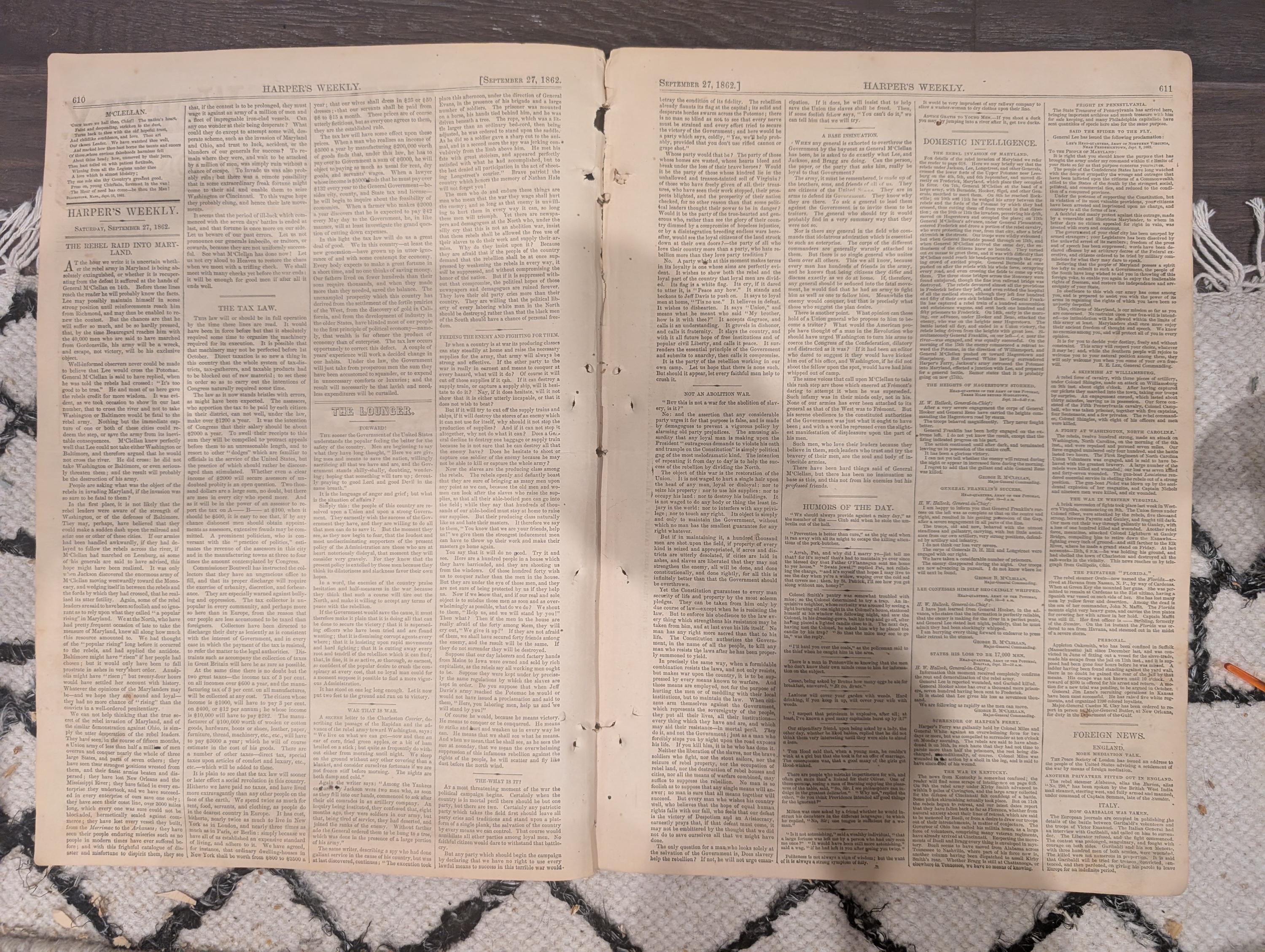 Harper’s Weekly — September 27, 1862 — Rebel Occupation of Frederick & Hagerstown, Maryland + Cincinnati Views