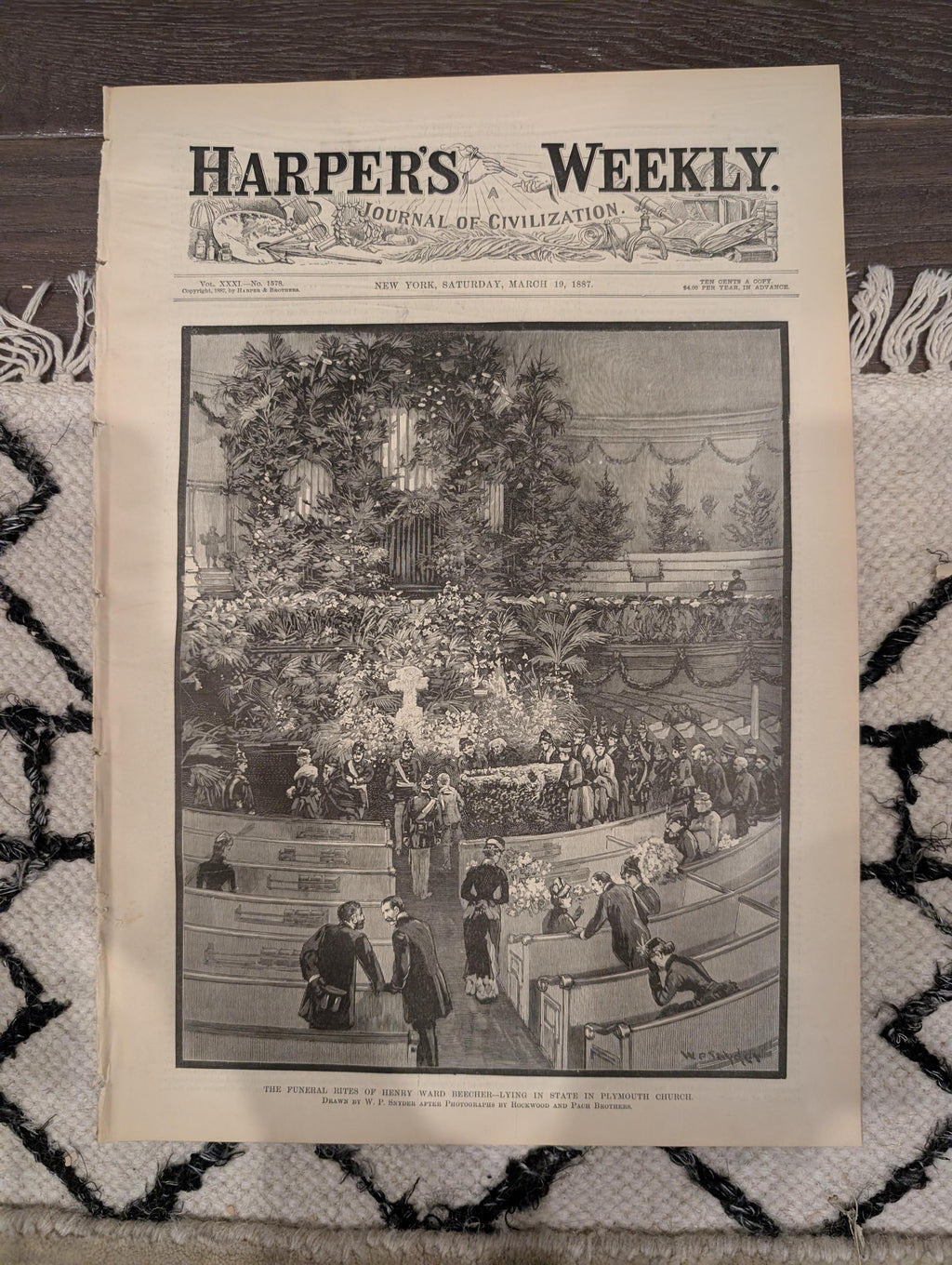 Harper’s Weekly – March 19, 1887 – Henry Ward Beecher Funeral, Geronimo’s Son, Cavalry Charge Centerfold, Fires, Portraits, & More