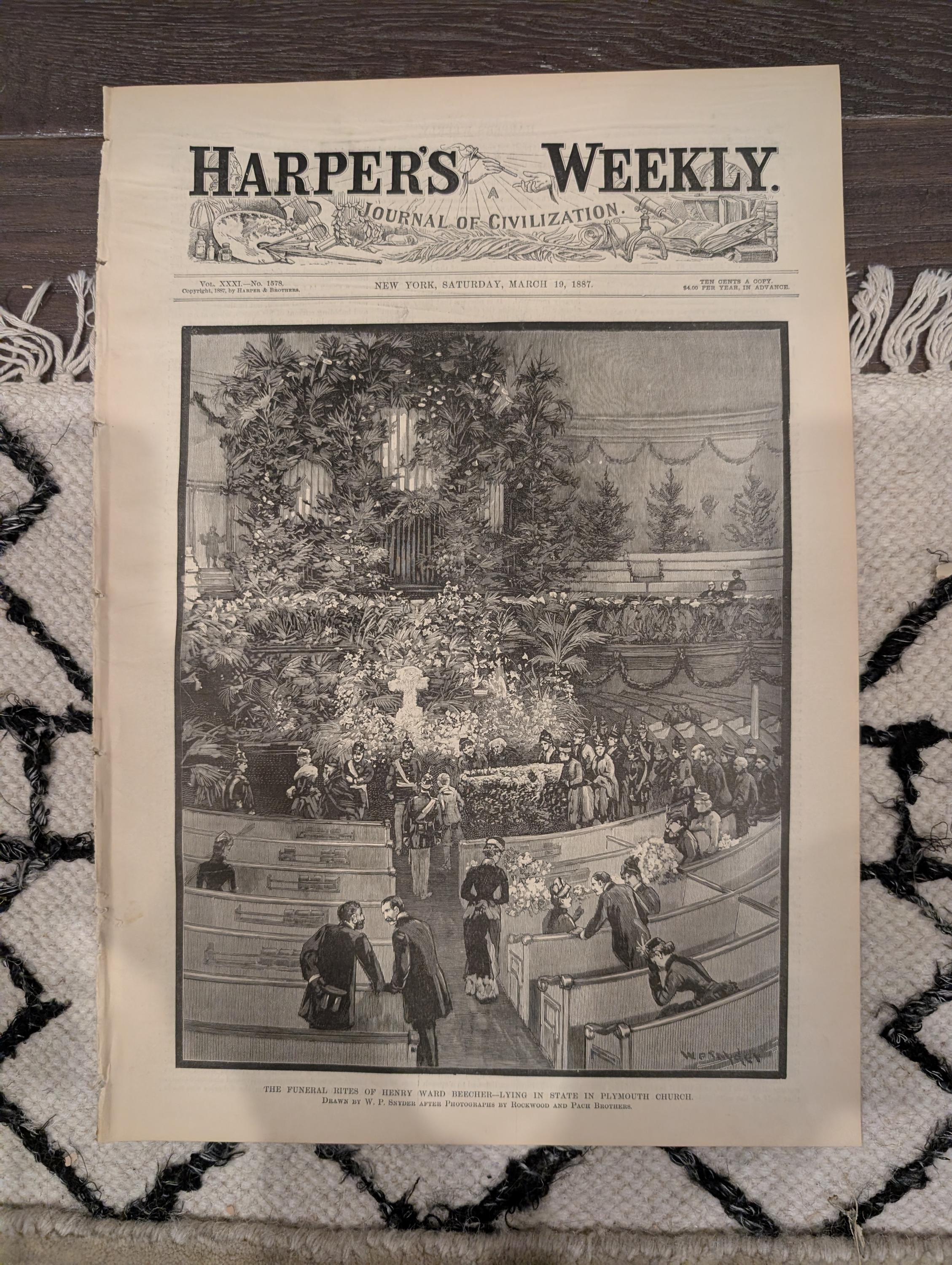Harper’s Weekly – March 19, 1887 – Henry Ward Beecher Funeral, Geronimo’s Son, Cavalry Charge Centerfold, Fires, Portraits, & More