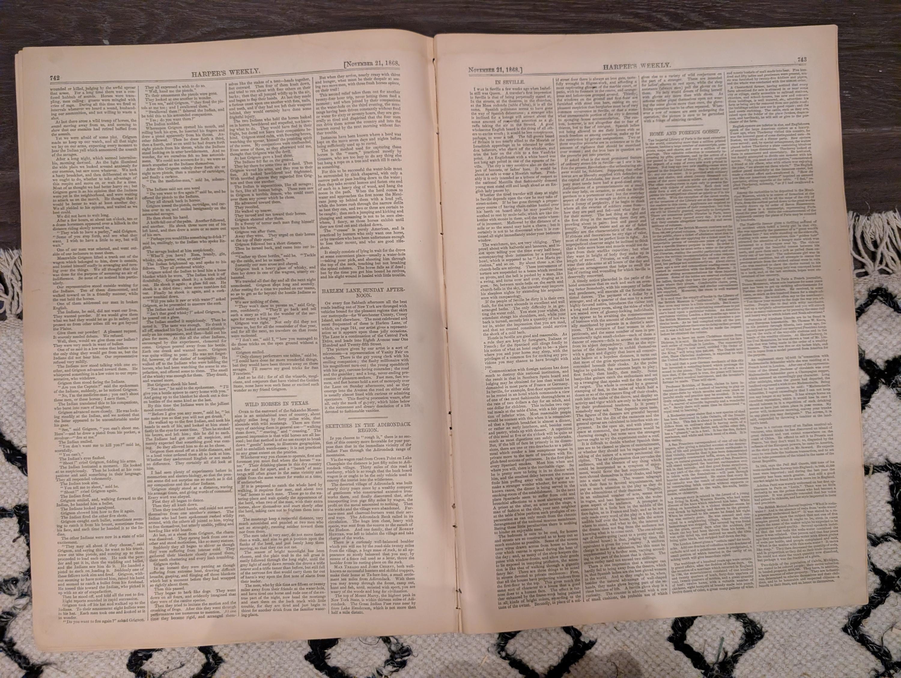 Harper’s Weekly – November 21, 1868 – YMCA Cornerstone • Petroleum Nasby • Adirondack Scenes • Texas Mustangs • Arica Earthquake
