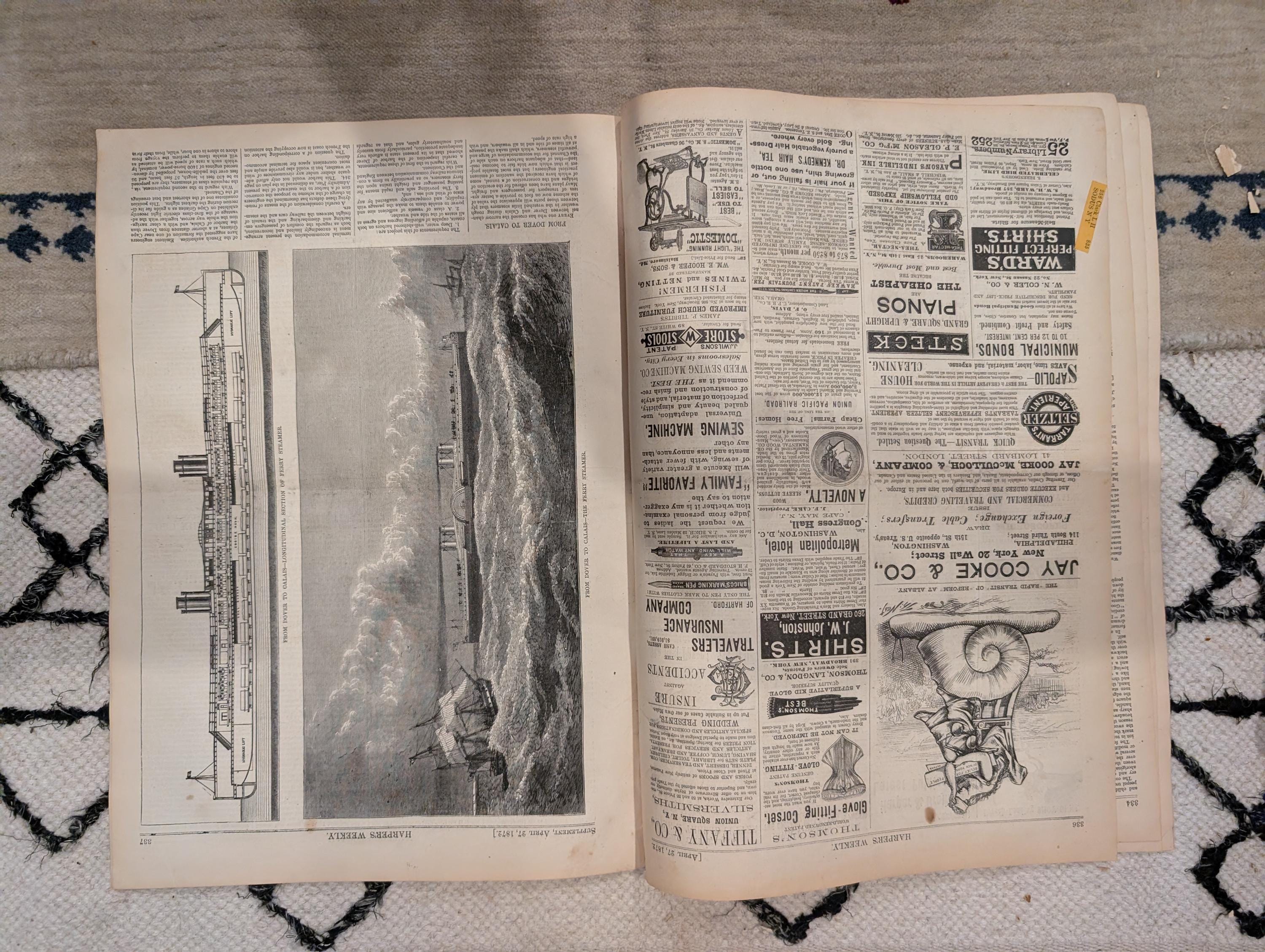 1872 Hudson River Shad Nursery Harper's Weekly April 27 Thomas Nast Dover to Calais