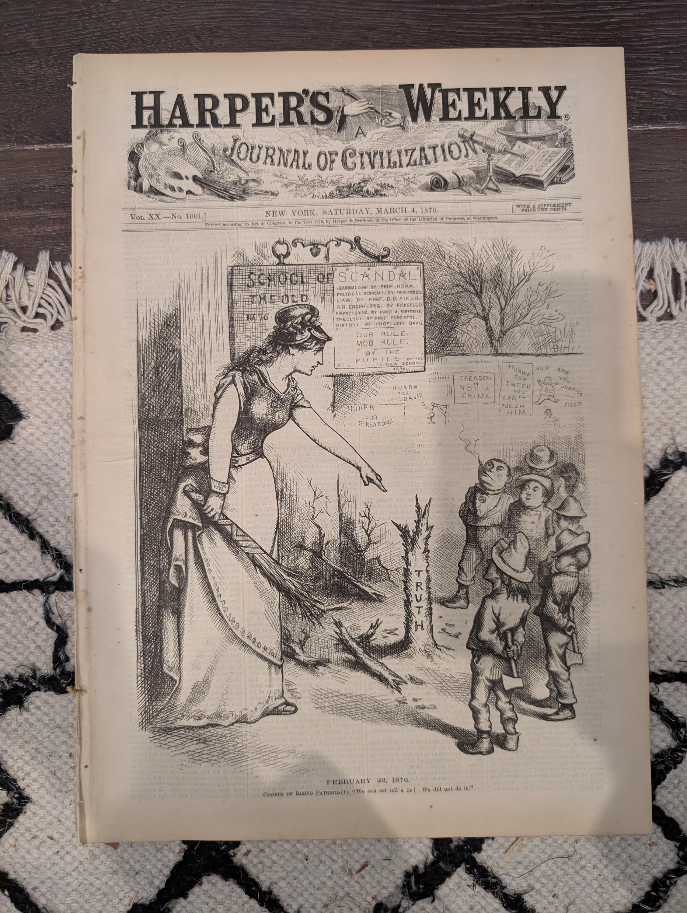 Harper’s Weekly Mar 4 1876 – Molly Maguires, Thomas Nast Cover, Fire Patrol, Centennial Plaza, Complete + Supplement