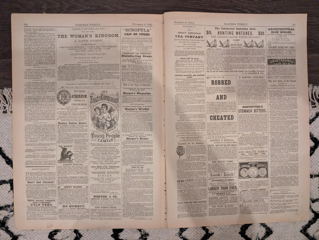 Harper’s Weekly – November 21, 1868 – YMCA Cornerstone • Petroleum Nasby • Adirondack Scenes • Texas Mustangs • Arica Earthquake