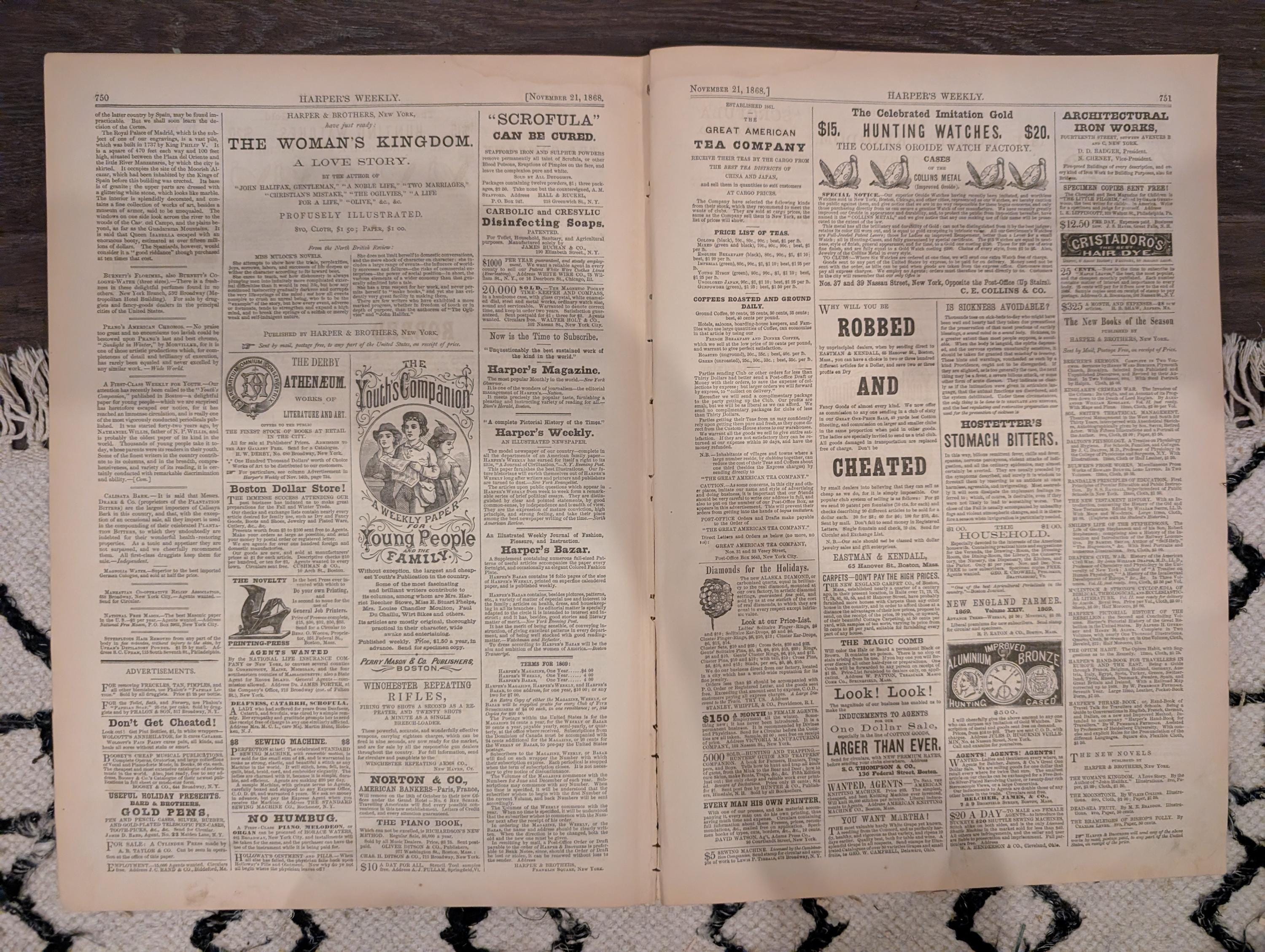 Harper’s Weekly – November 21, 1868 – YMCA Cornerstone • Petroleum Nasby • Adirondack Scenes • Texas Mustangs • Arica Earthquake