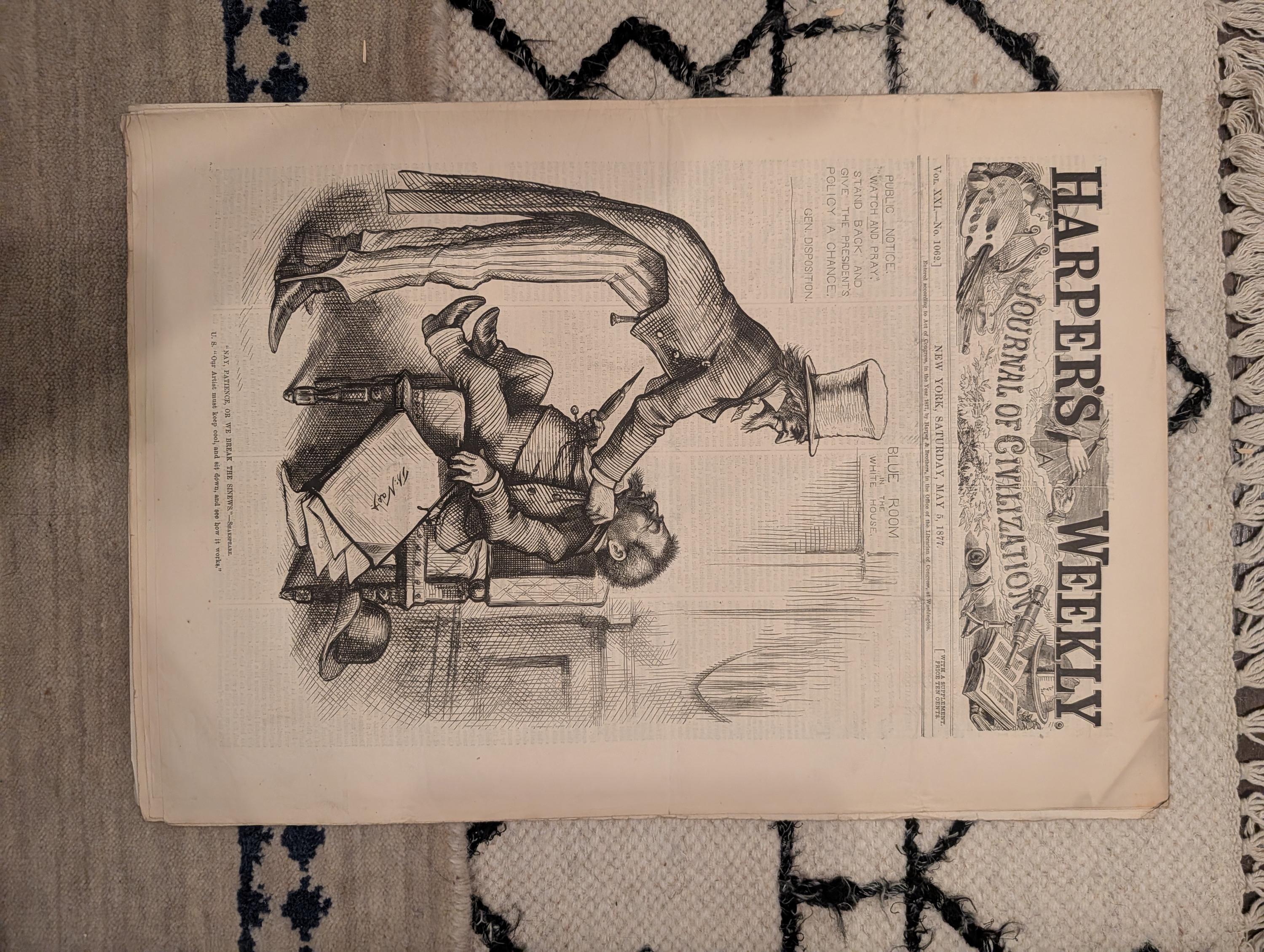 1877 Nast Uncle Sam, Kyoto Japan, Elephant Moonlight, St. Louis Fire — May 5