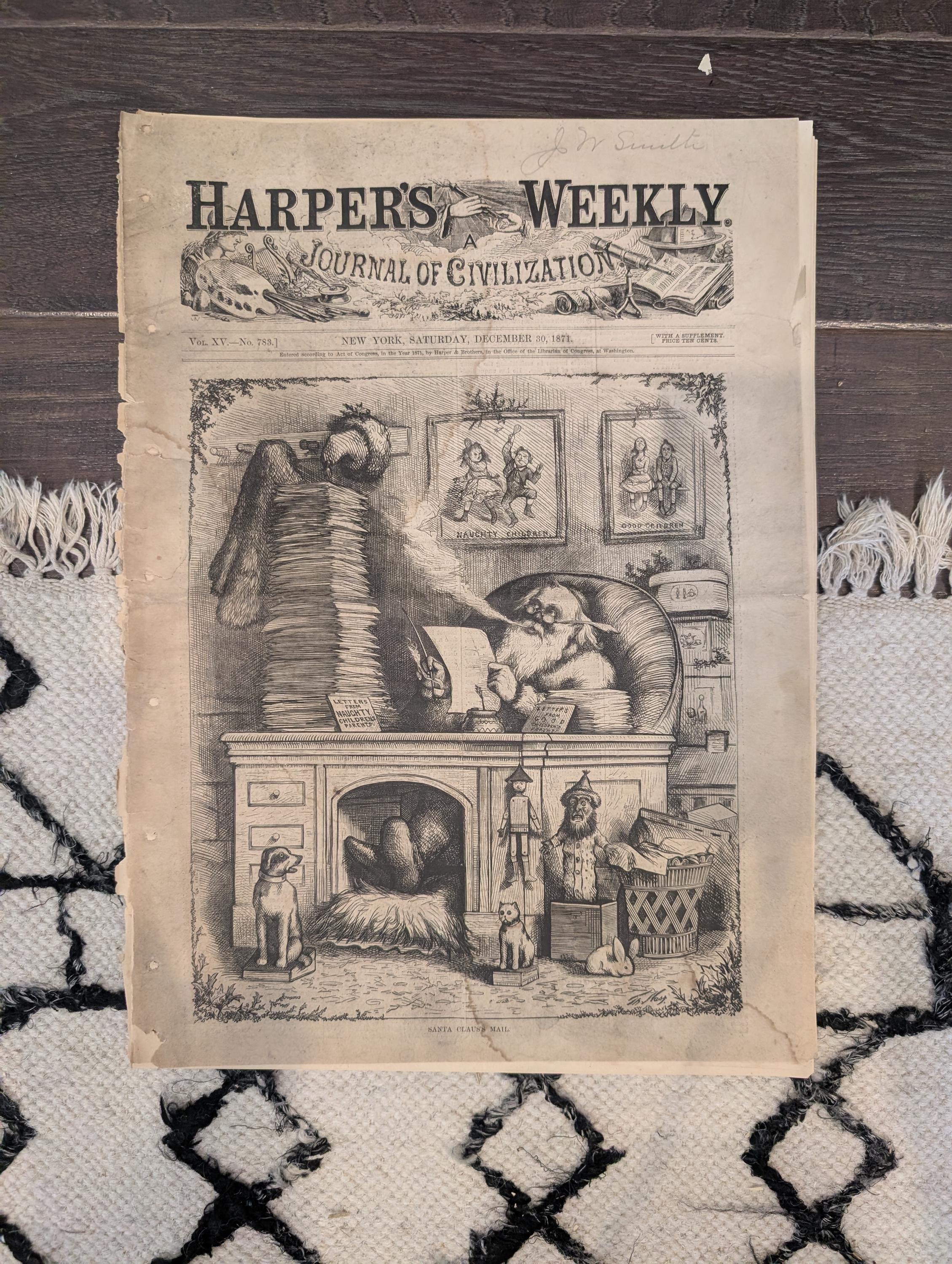 1871 Harper's Weekly Thomas Nast Santa Claus, Witchcraft Centerfold, Christmas, Dec 30
