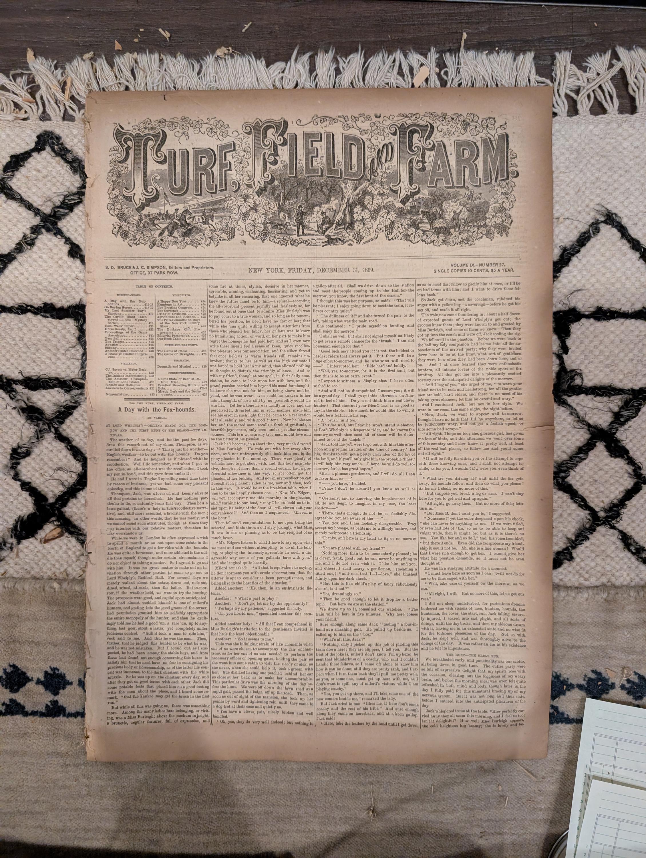 1869 Turf Field and Farm — New Year's Eve, Fox Hunting, Baseball, Full Year Index, Dec 31