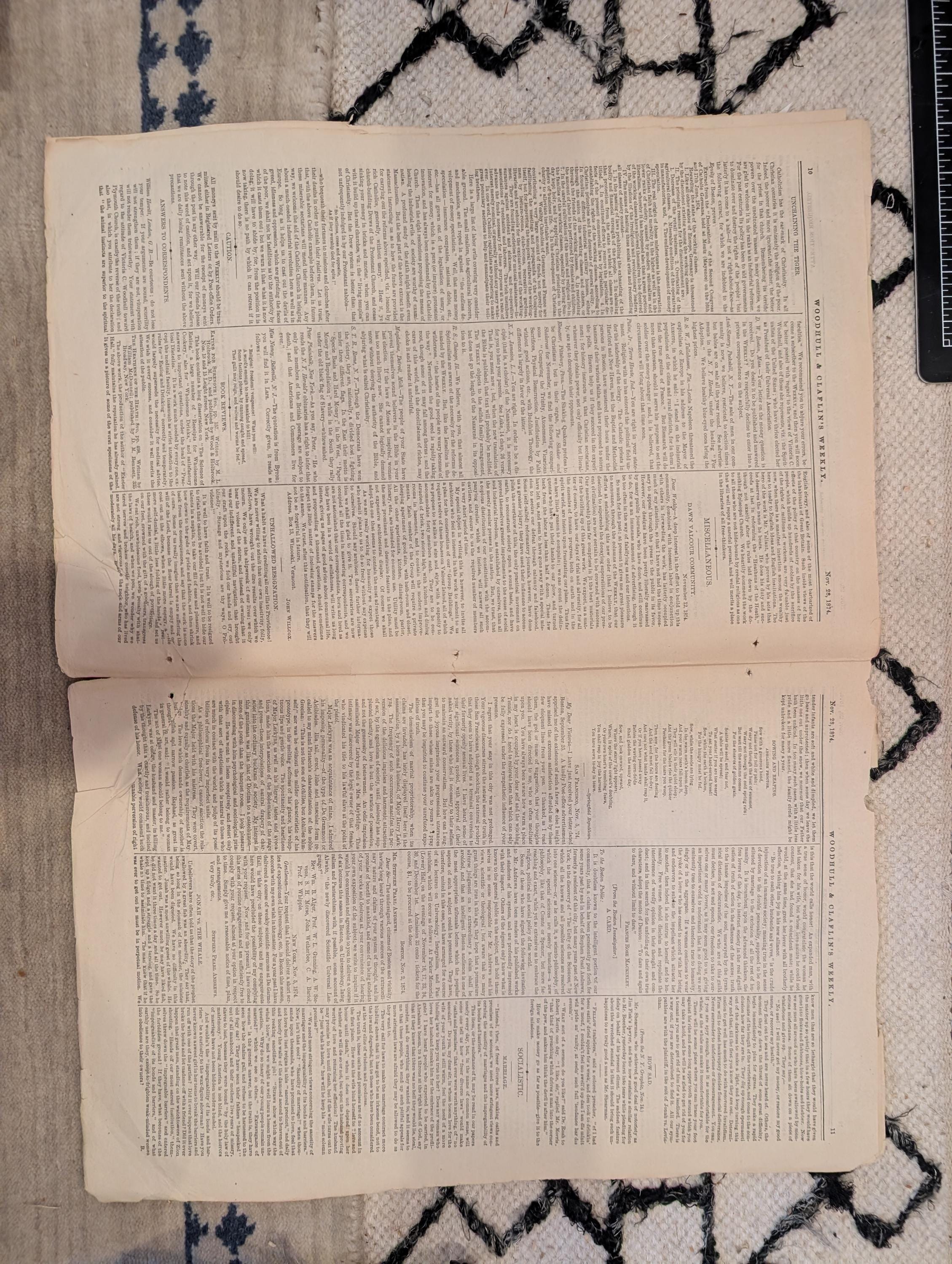 1874 Woodhull & Claflin's Weekly — Victoria Woodhull, Aerial War, Spirits — Nov 28
