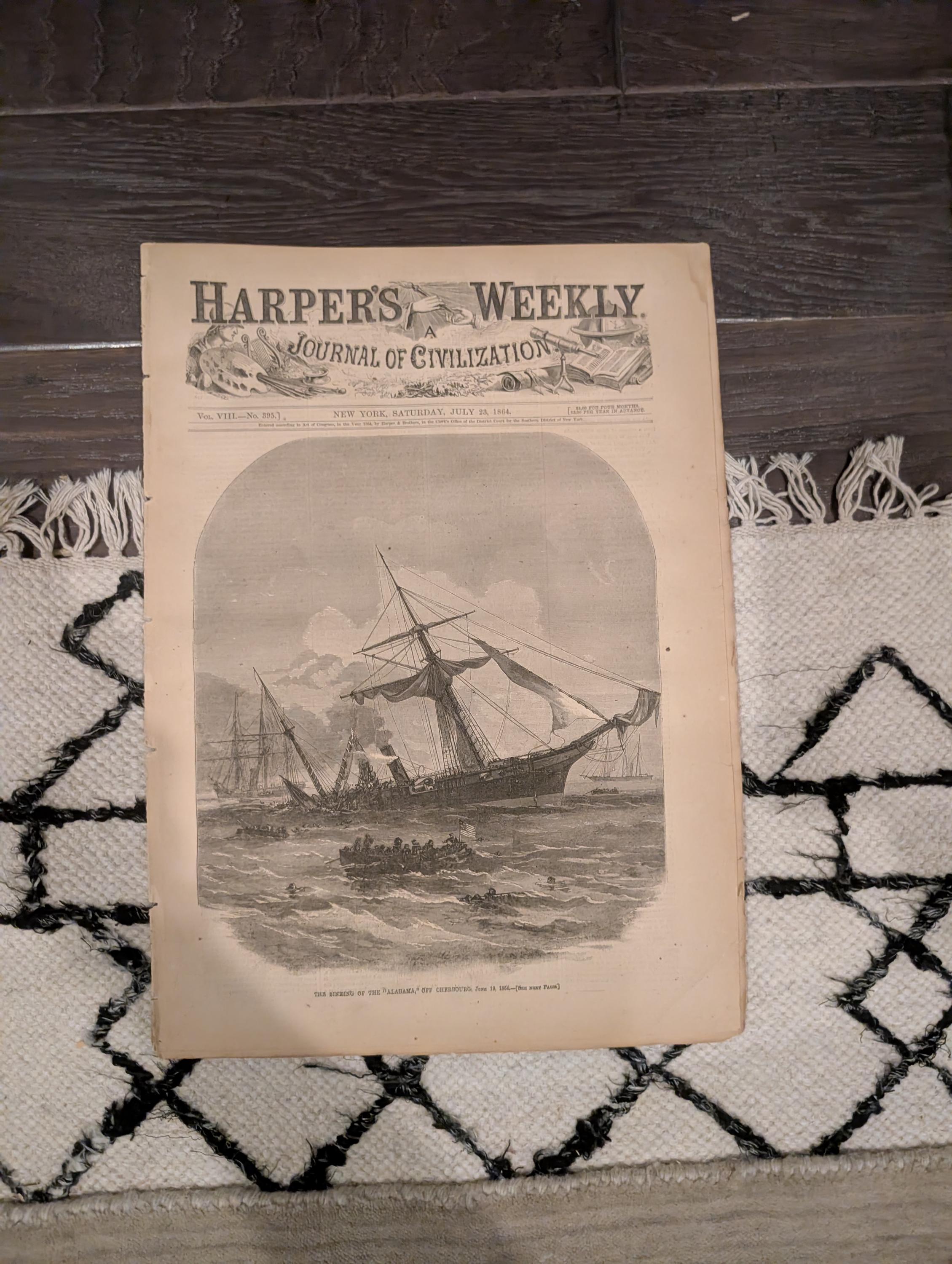 1864 Sinking of the Alabama Harper's Weekly July 23 Petersburg & Sherman