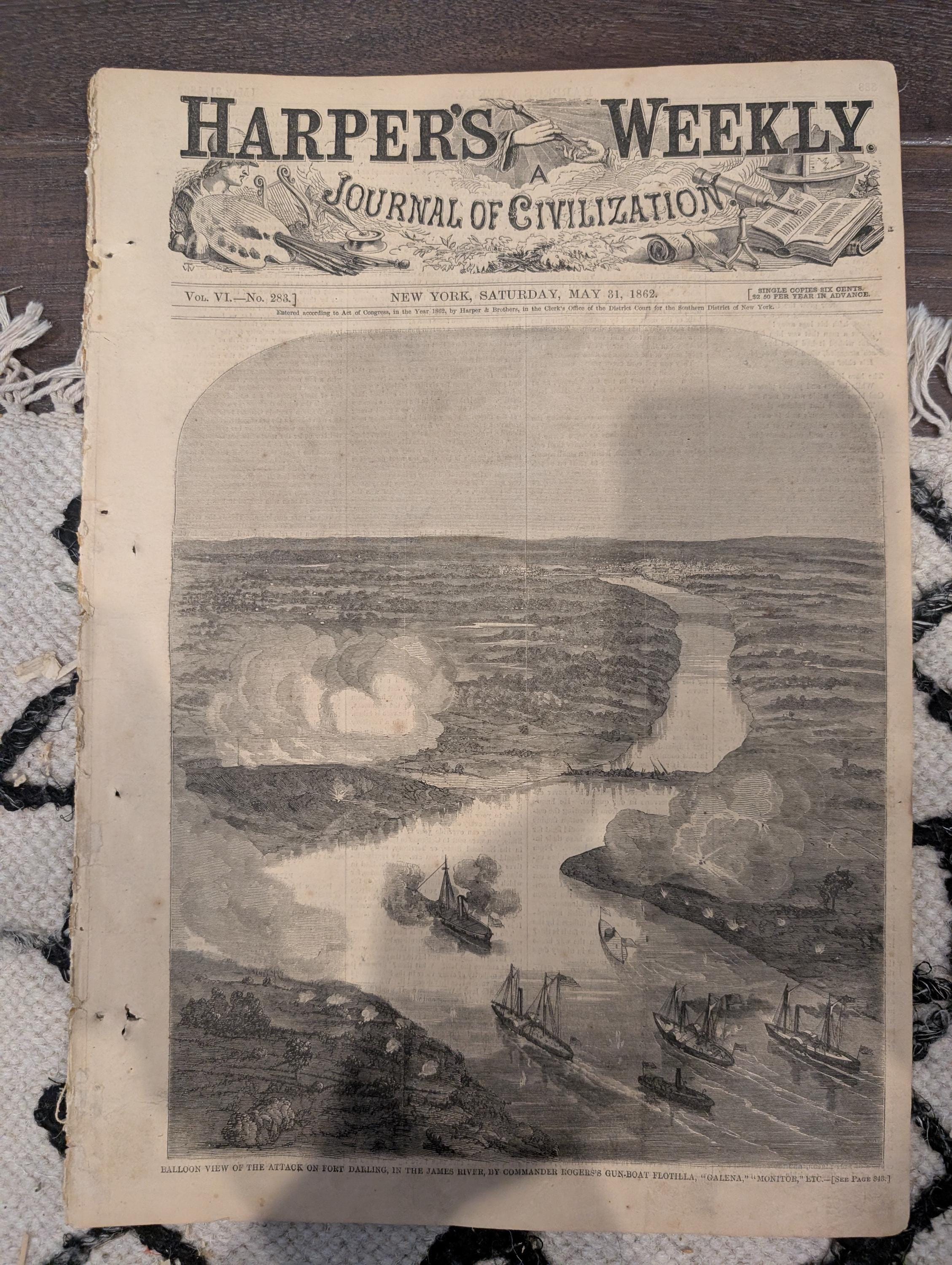 Harper’s Weekly – May 31, 1862 – Balloon View of Fort Darling • Richmond Panoramic Centerfold • Naval Battles on the Mississippi