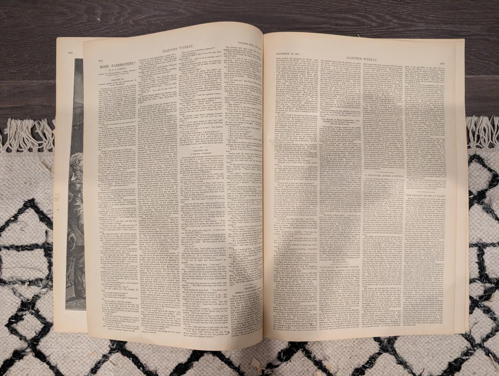 Harper’s Weekly Dec 24 1887 – Remington Canadian Mounted Police, Whittier Portrait, Captains Toast, Frontier Horse Auction