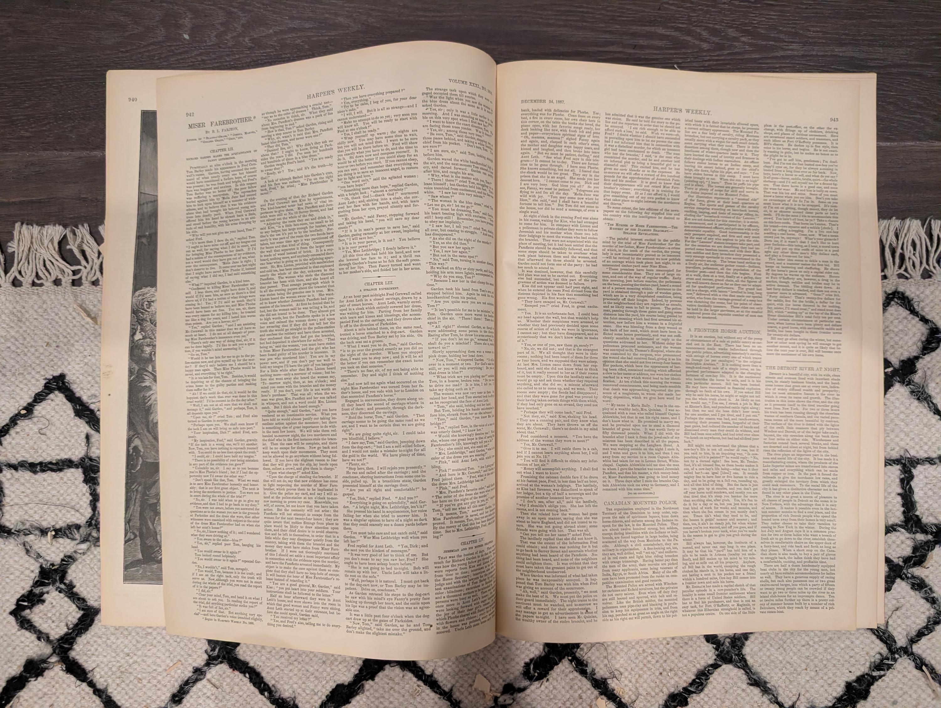 Harper’s Weekly Dec 24 1887 – Remington Canadian Mounted Police, Whittier Portrait, Captains Toast, Frontier Horse Auction