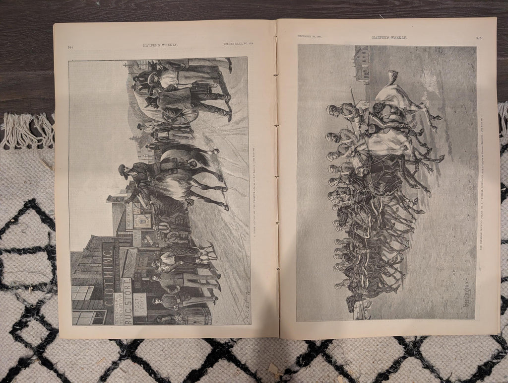 Harper’s Weekly Dec 24 1887 – Remington Canadian Mounted Police, Whittier Portrait, Captains Toast, Frontier Horse Auction