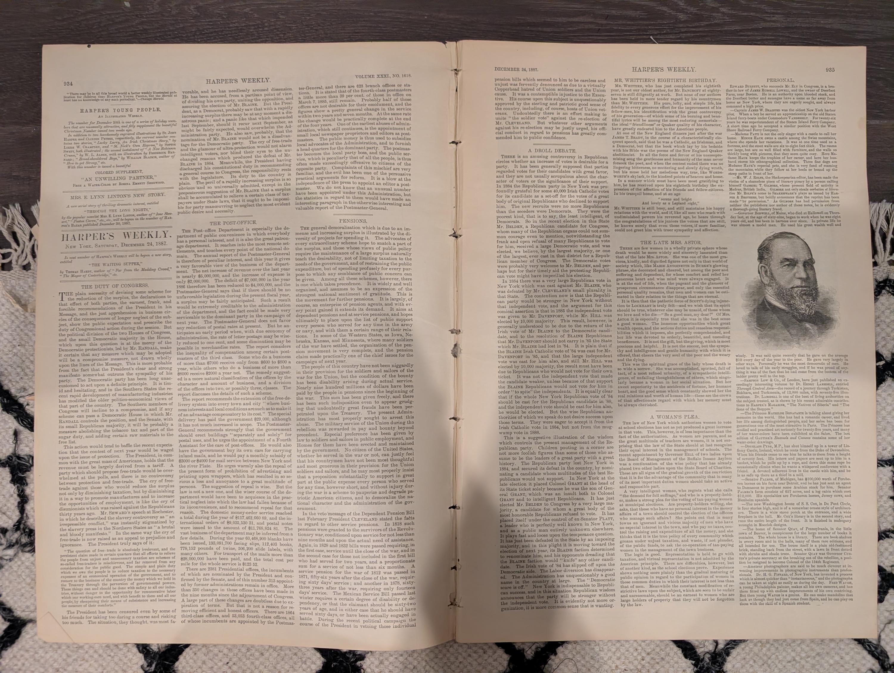 Harper’s Weekly Dec 24 1887 – Remington Canadian Mounted Police, Whittier Portrait, Captains Toast, Frontier Horse Auction