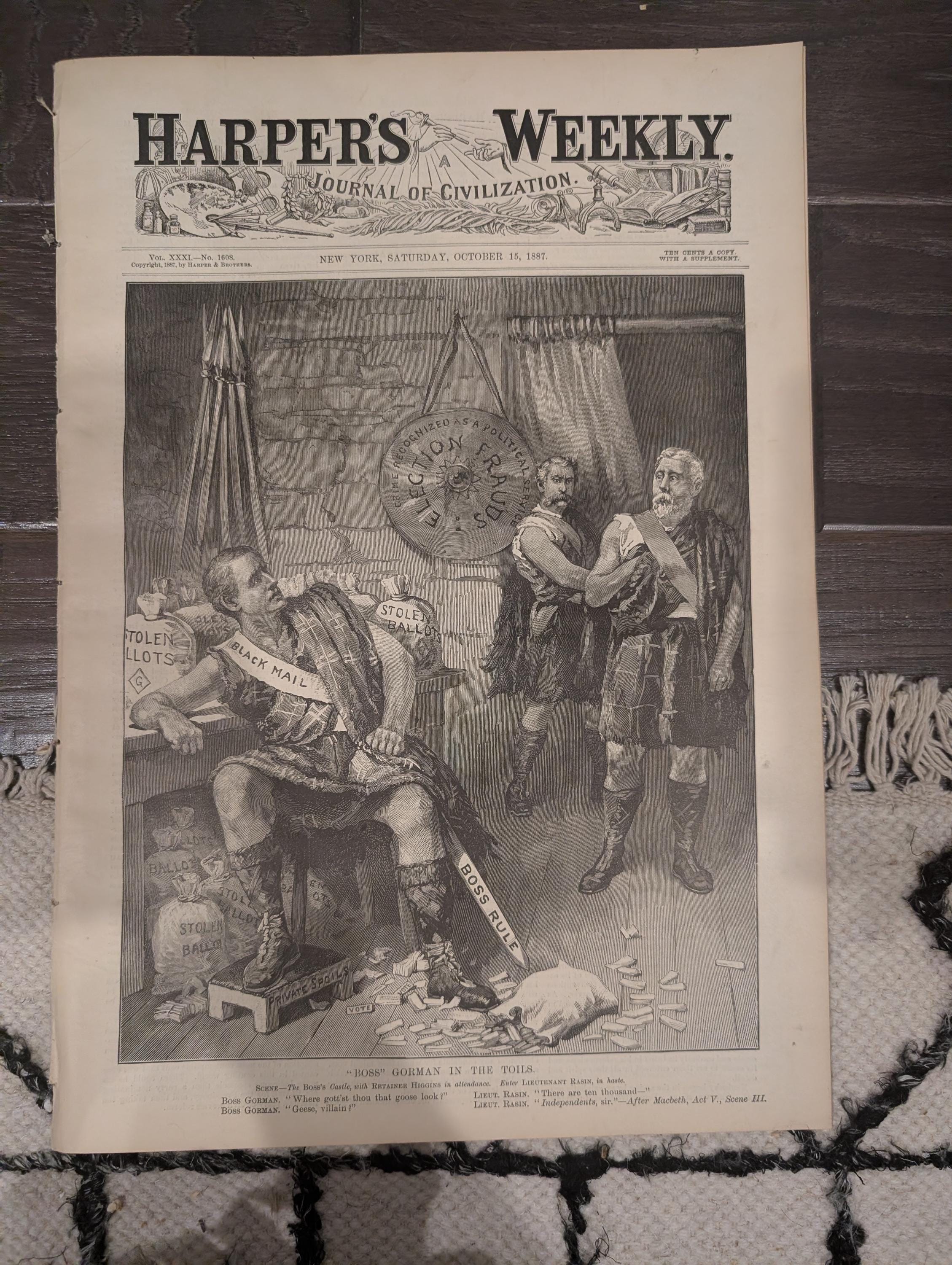Harper’s Weekly – November 12, 1887 – Arrested on Arrival • Saginaw Logging Centerfold • London’s “Old Cheshire Cheese” • Jenny Lind & Potte