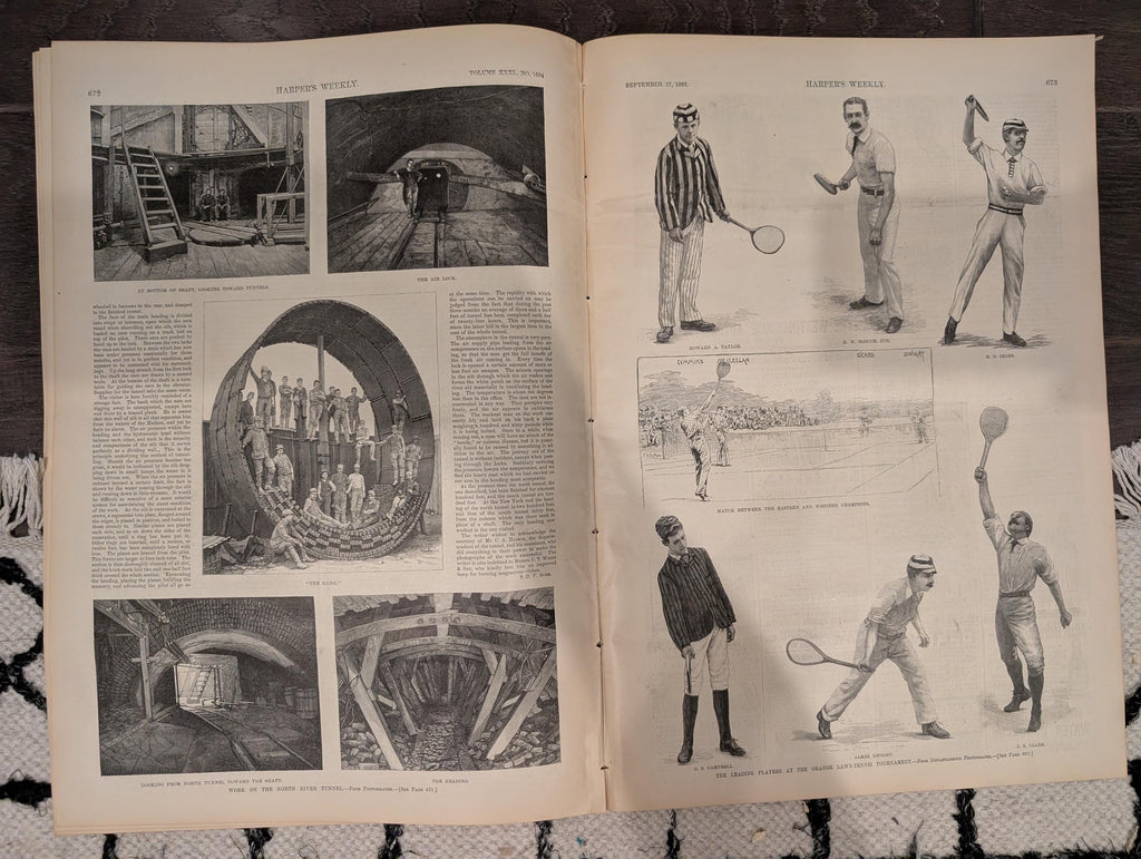 Harper’s Weekly – September 17, 1887 – Frederic Remington Cover “Burning the Range,” Tennis Centerfold, Hudson River Tunnel, Amsterdam Sketc
