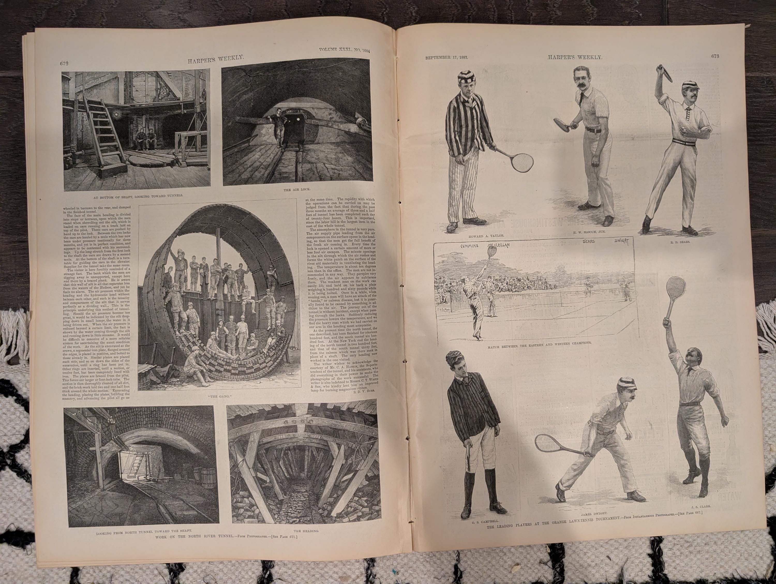 Harper’s Weekly – September 17, 1887 – Frederic Remington Cover “Burning the Range,” Tennis Centerfold, Hudson River Tunnel, Amsterdam Sketc