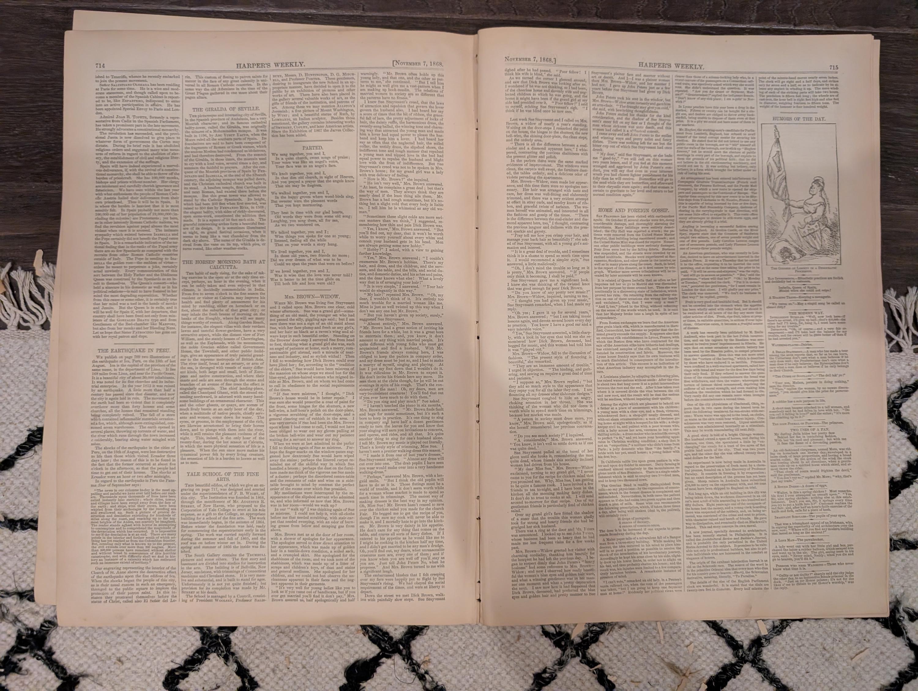 Harper’s Weekly – November 7, 1868 – Thomas Nast “Wilkes Booth the Second” • Richmond Market • Seville Giralda • Peru Earthquake