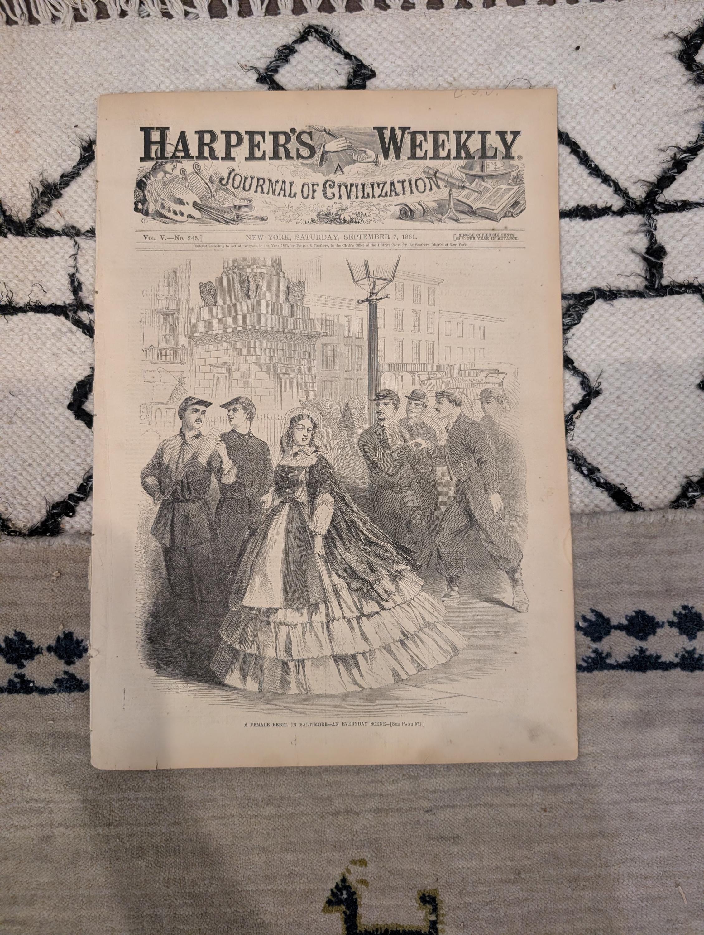 1861 Map of the West Harper's Weekly Sept 07 Fire Zouaves Baltimore Rebel