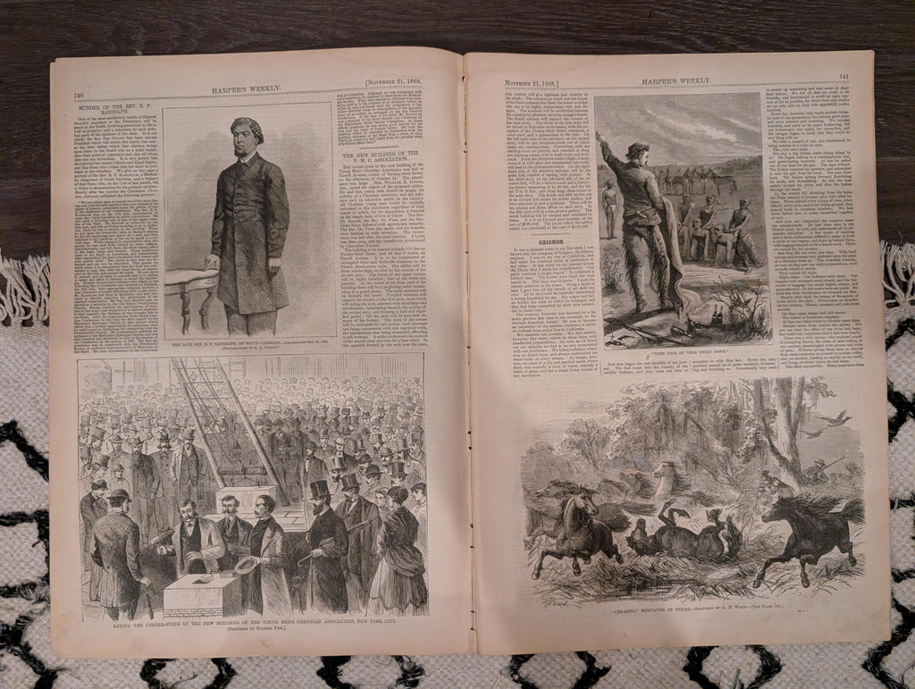Harper’s Weekly – November 21, 1868 – YMCA Cornerstone • Petroleum Nasby • Adirondack Scenes • Texas Mustangs • Arica Earthquake