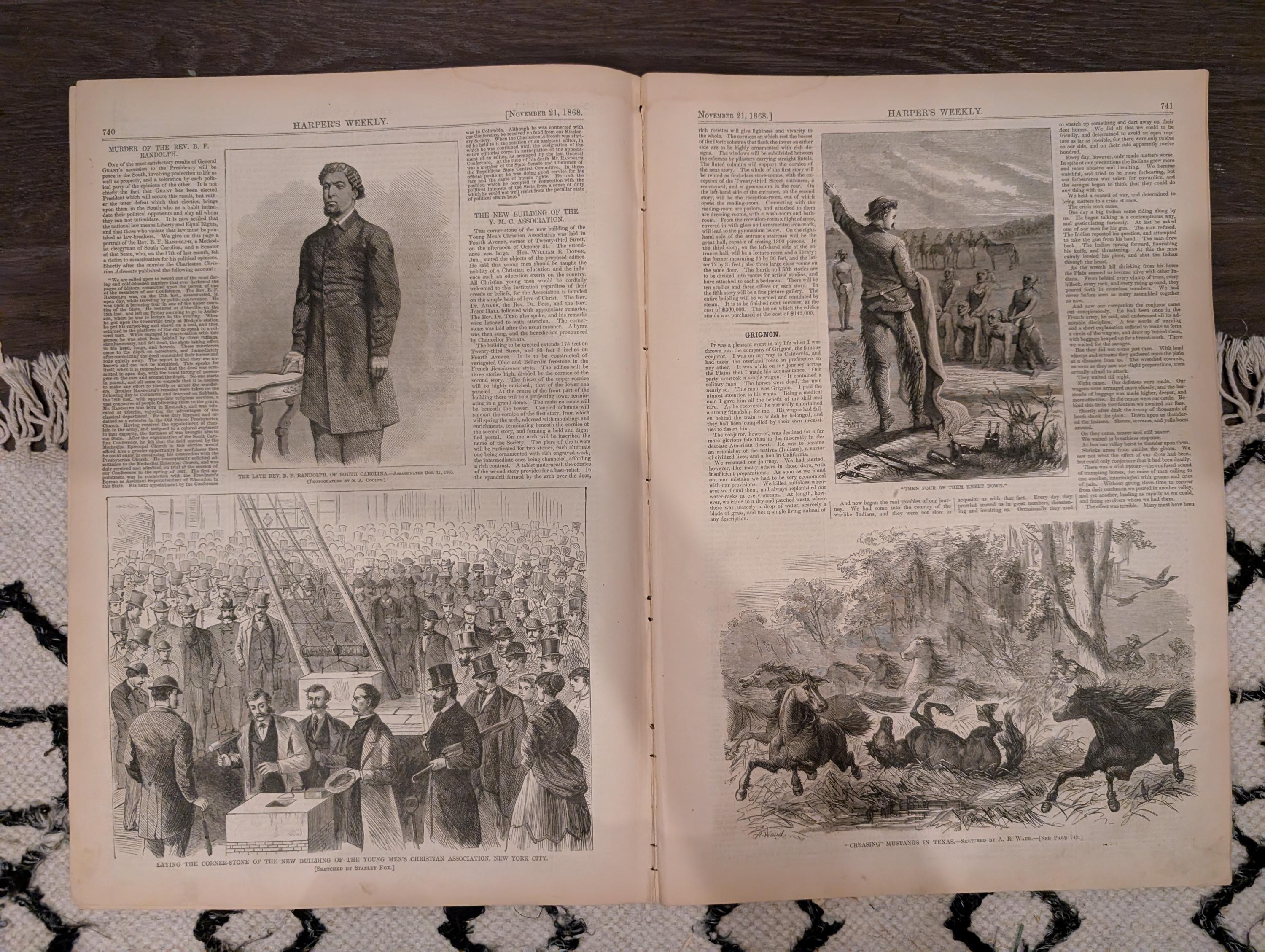 Harper’s Weekly – November 21, 1868 – YMCA Cornerstone • Petroleum Nasby • Adirondack Scenes • Texas Mustangs • Arica Earthquake
