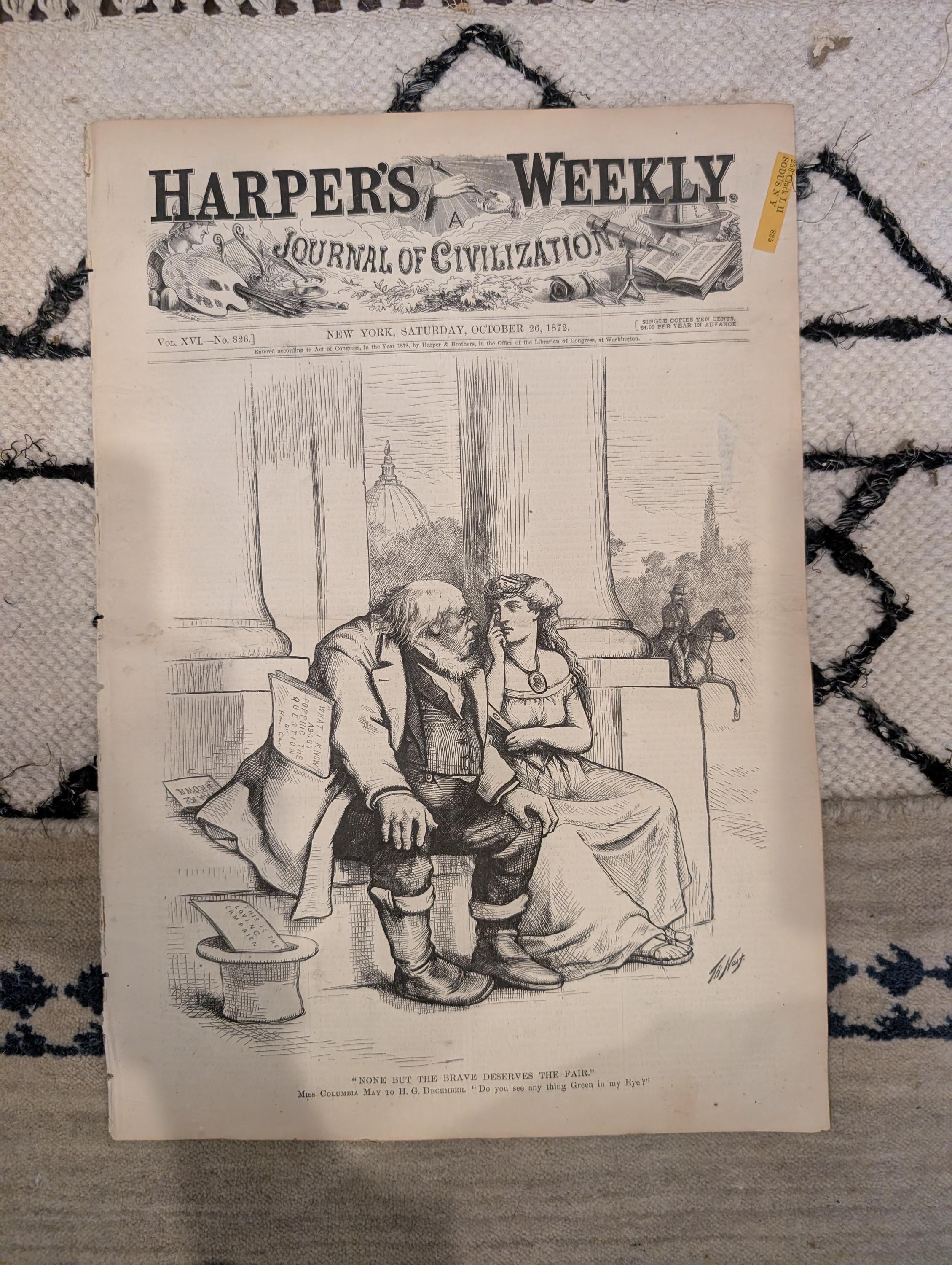 1872 Nast Brave Deserves Fair Harper's Weekly Oct 26 Election Seward