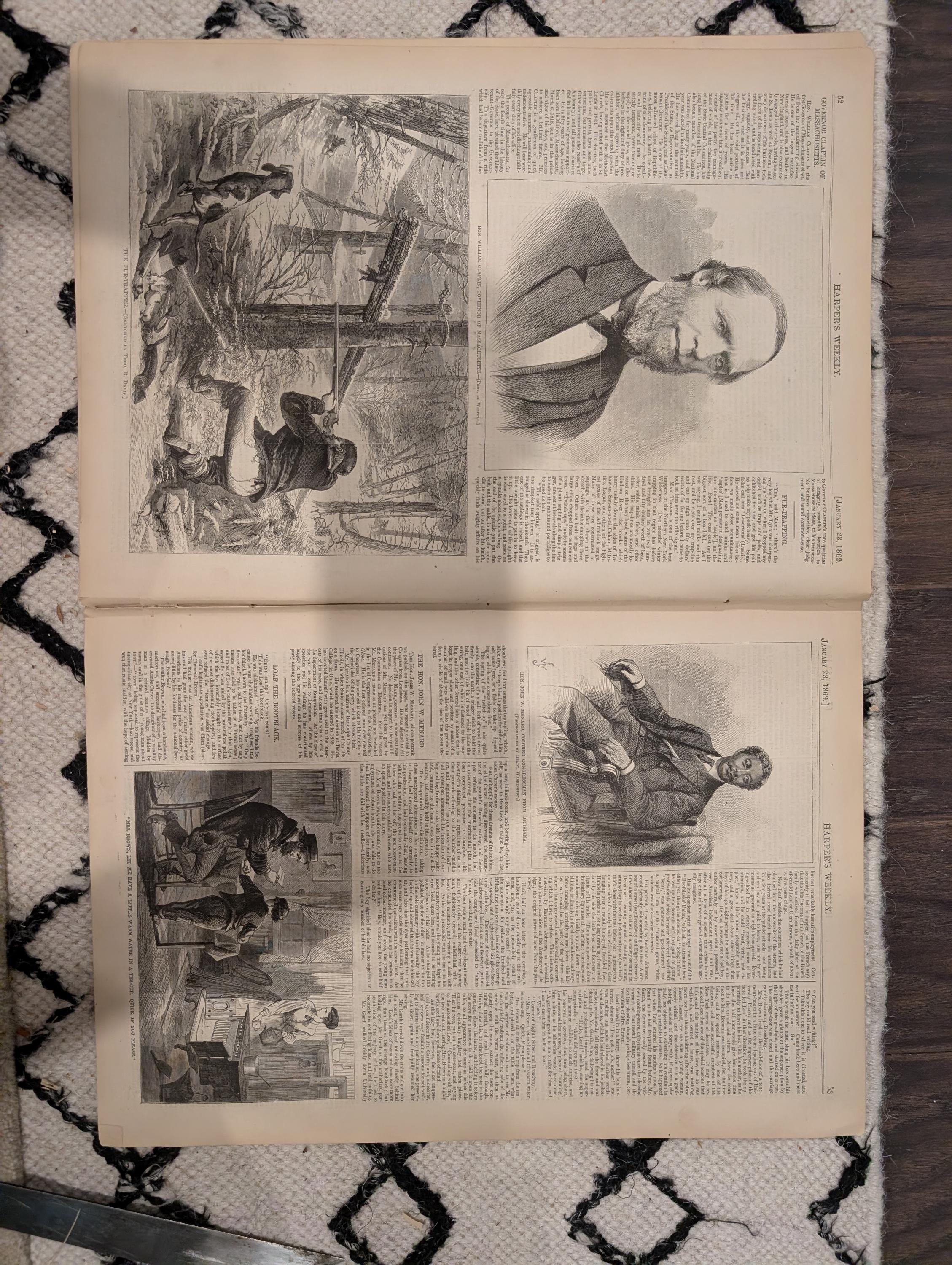 Harper’s Weekly, January 23, 1869 | “The Harp Girl” Front Page | Trotters on the Snow | Sleigh Ride | Antique Illustrated Newspaper