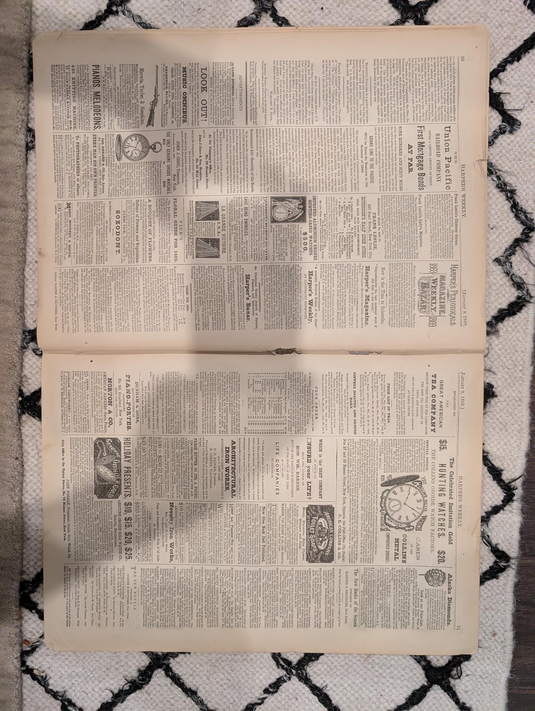 Harper’s Weekly, January 9, 1869 | Thomas Nast “Peace” Front Page | Winslow Homer New Year | West Point Panorama | Antique Newspaper