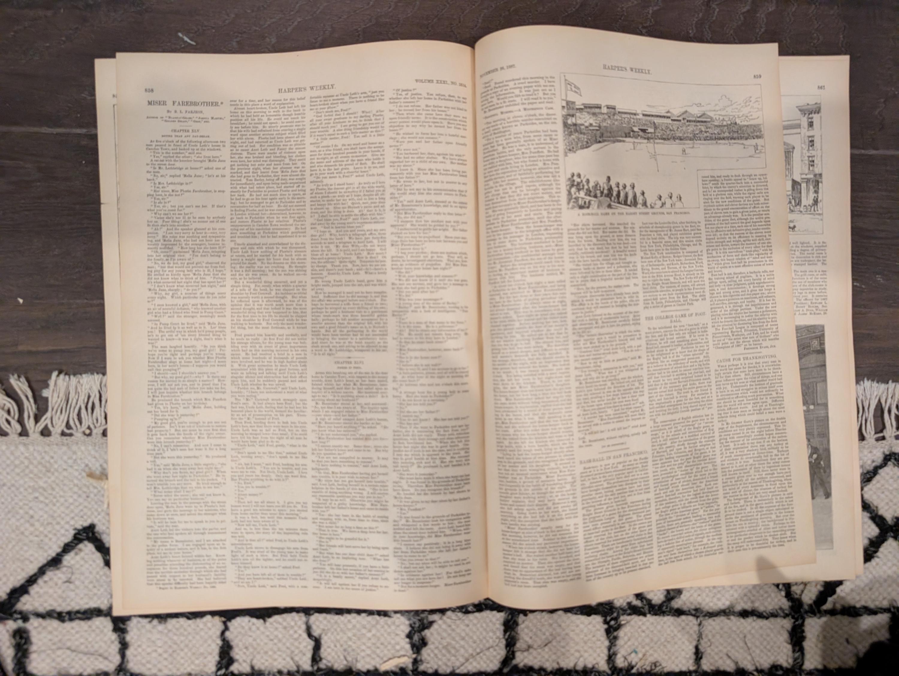 1887 Early Football and Baseball Harper’s Weekly Nov 26 – Remington Football Cover, San Francisco Baseball, Wild Hog Hunt, Naval Battle Scen