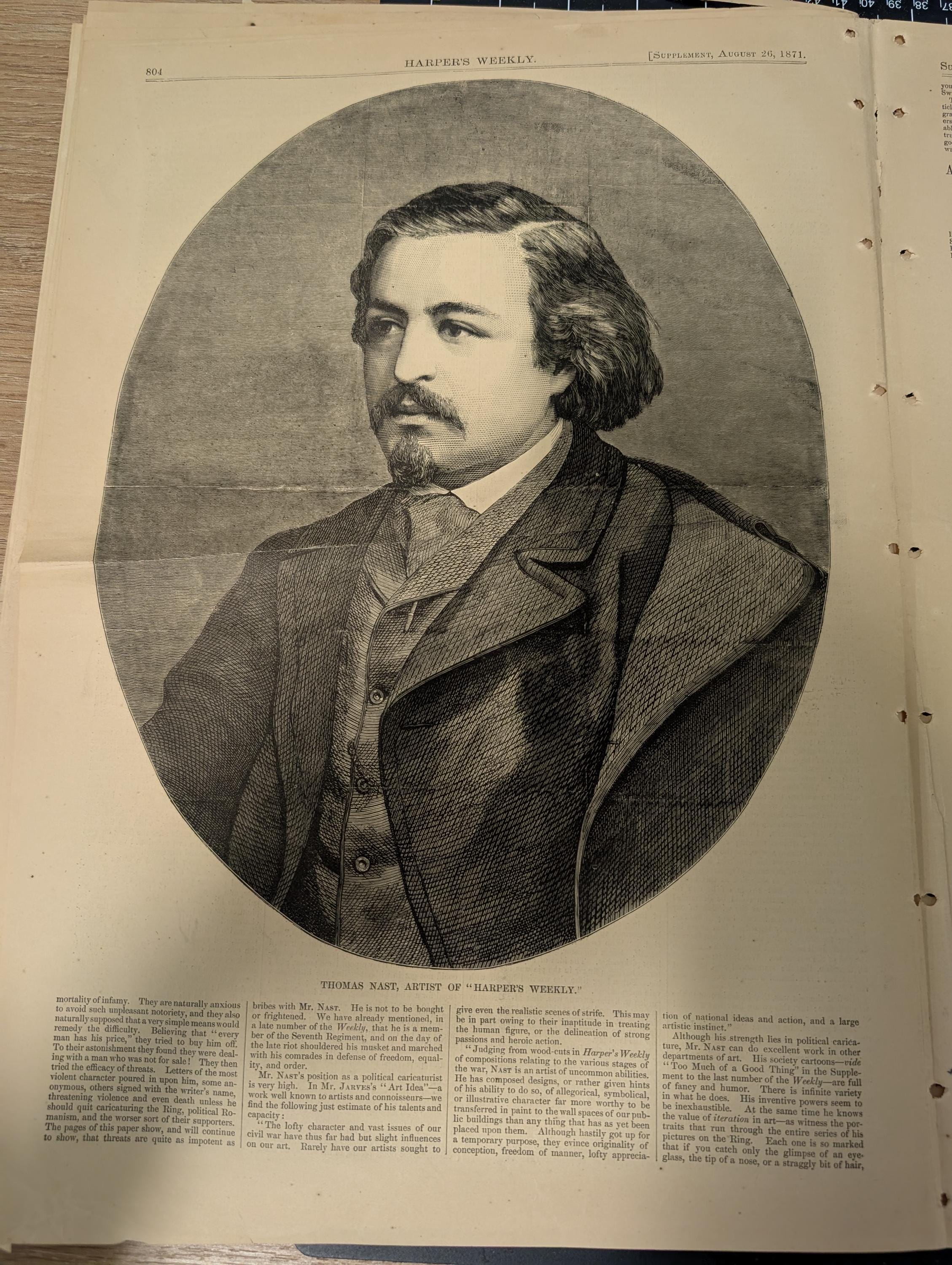 Harper’s Weekly – August 26, 1871 | Thomas Nast Cartoon & Portrait, Buffalo Hunt, Cape May Humor, Crown Prince of Prussia, Complete w/ Suppl