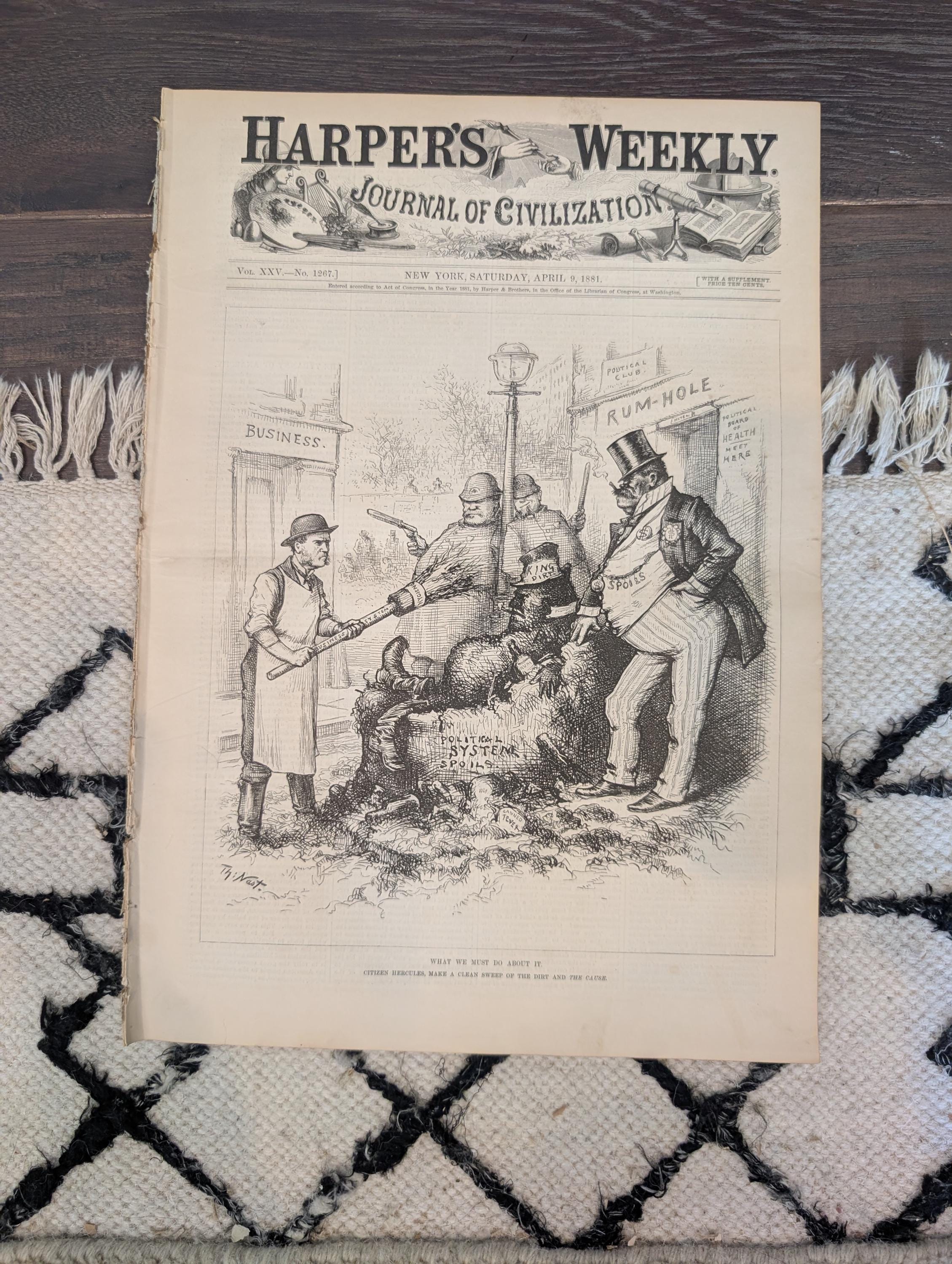 1881 Nast "What We Must Do," NYC Mounted Police, Albany Capitol, Paris vs NY — Apr 9