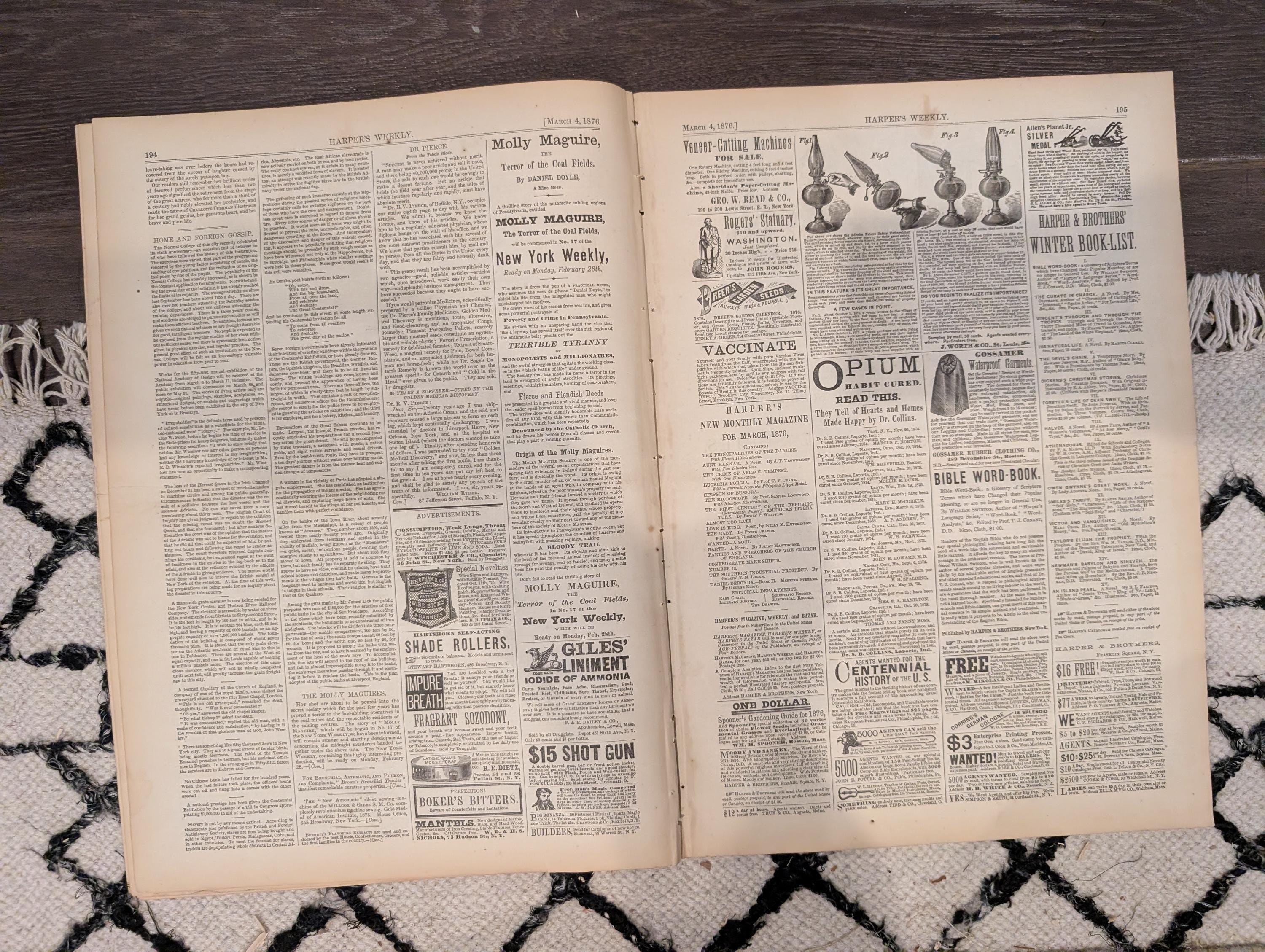 Harper’s Weekly Mar 4 1876 – Molly Maguires, Thomas Nast Cover, Fire Patrol, Centennial Plaza, Complete + Supplement