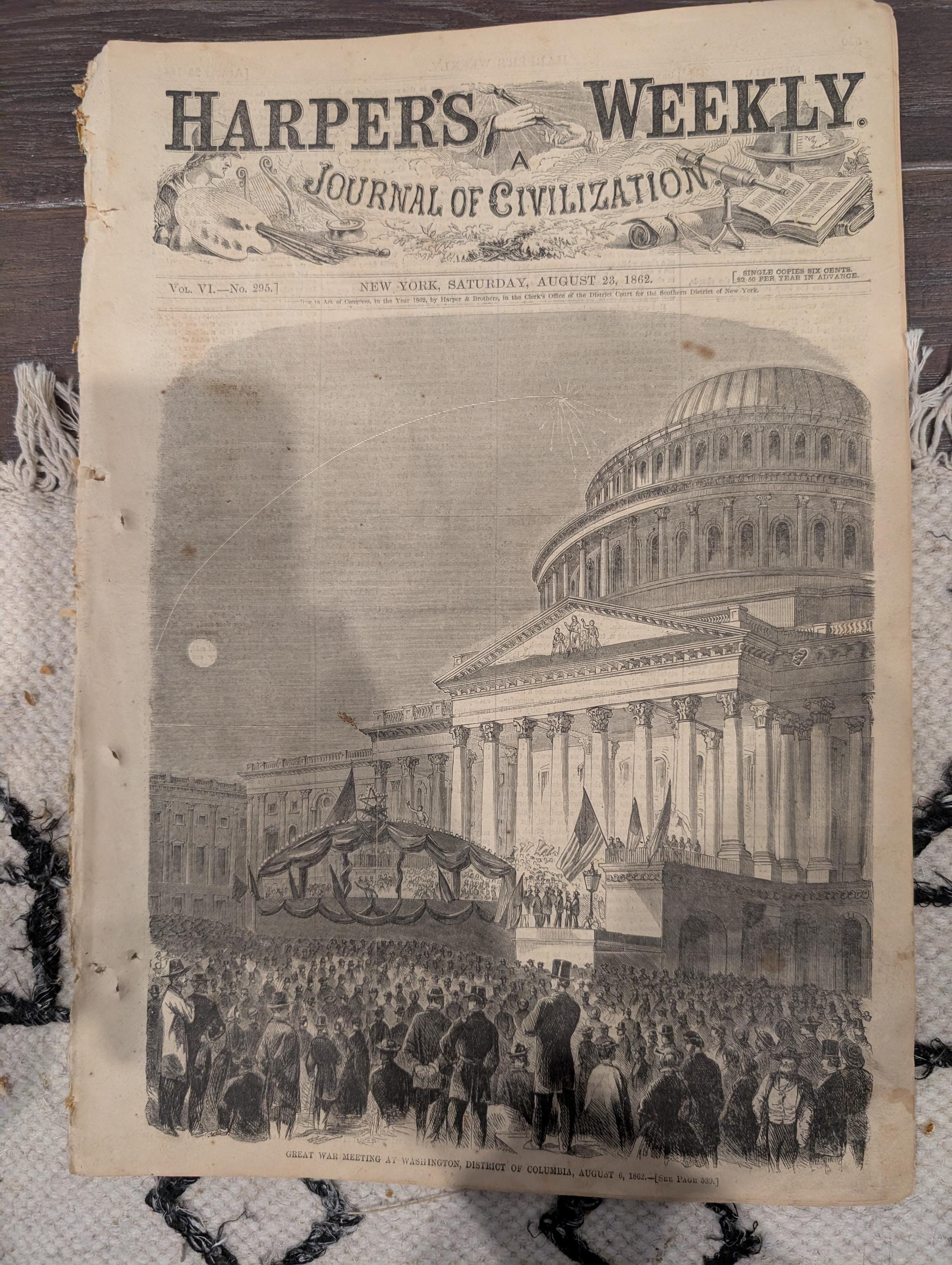 Harper’s Weekly August 23 1862 Civil War Capitol War Meeting Ironclads Harrison’s Landing Newspaper